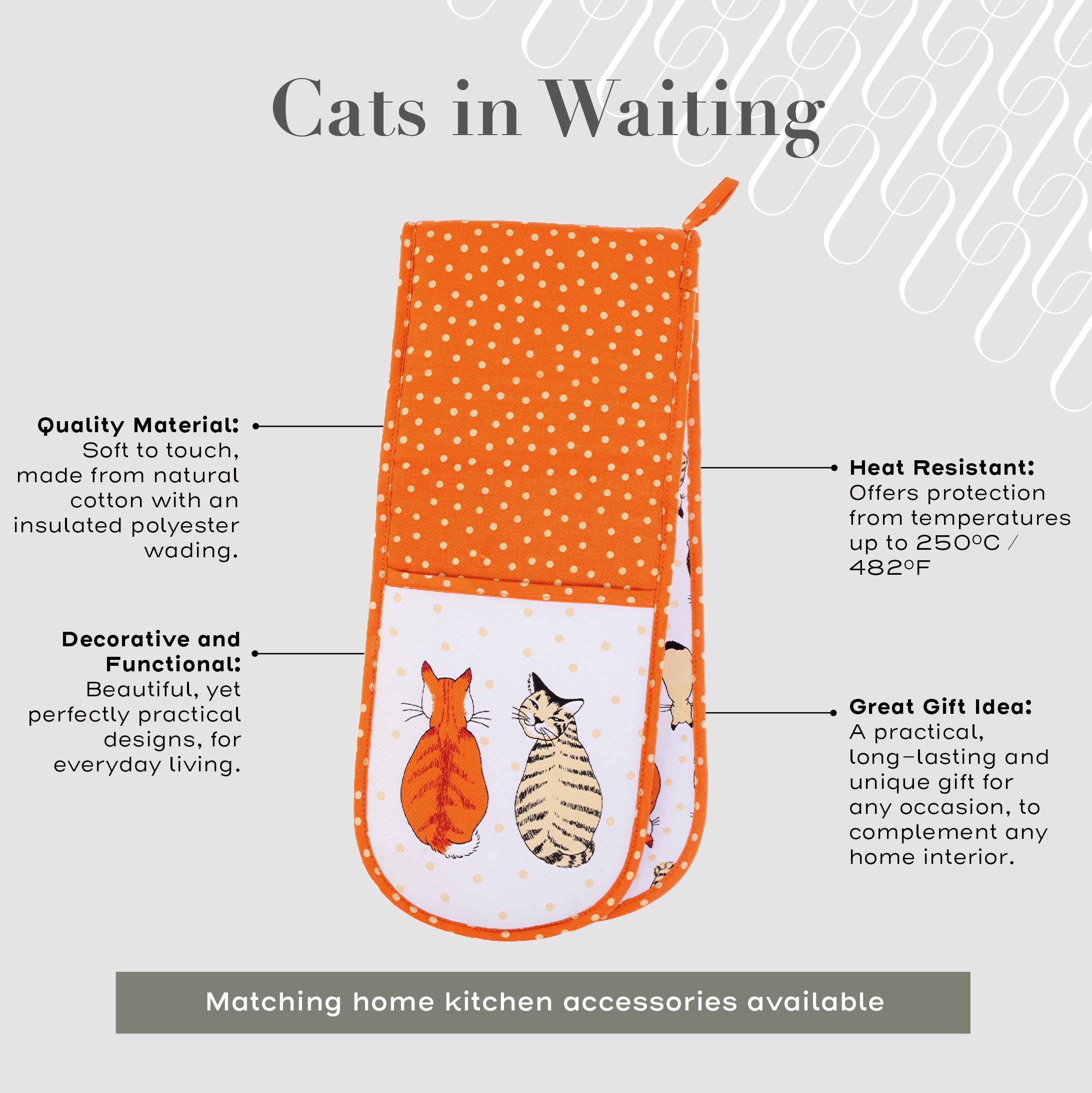 Ulster Weavers Double Oven Glove - Cats in Waiting (100% Cotton Outer; 100% Polyester wadding; CE marked, Orange) - Double Oven Glove - Ulster Weavers