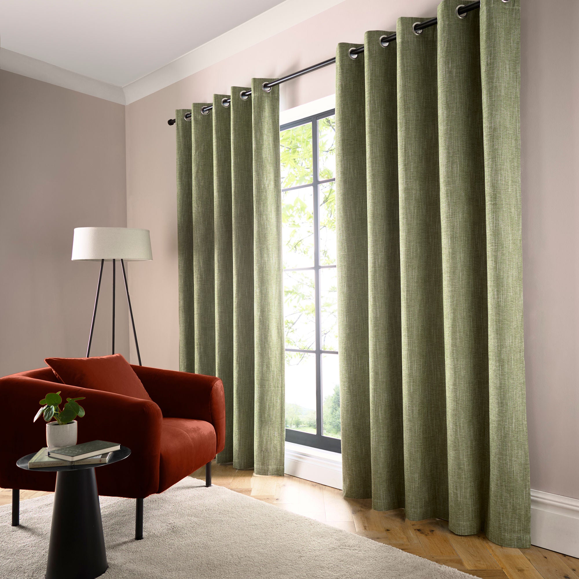 Boucle Chenille Pair of Eyelet Curtains in Green