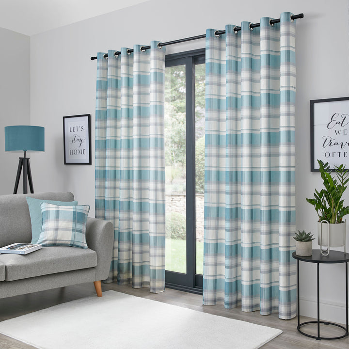 Balmoral Check Pair of Eyelet Curtains by Fusion in Duck Egg - Pair of Eyelet Curtains - Fusion