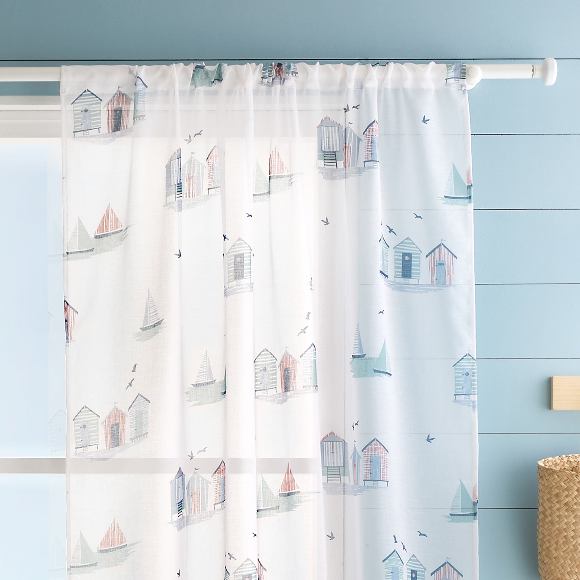 Beach Huts Voile Panel by Fusion in Blue - Voile Panel - Fusion