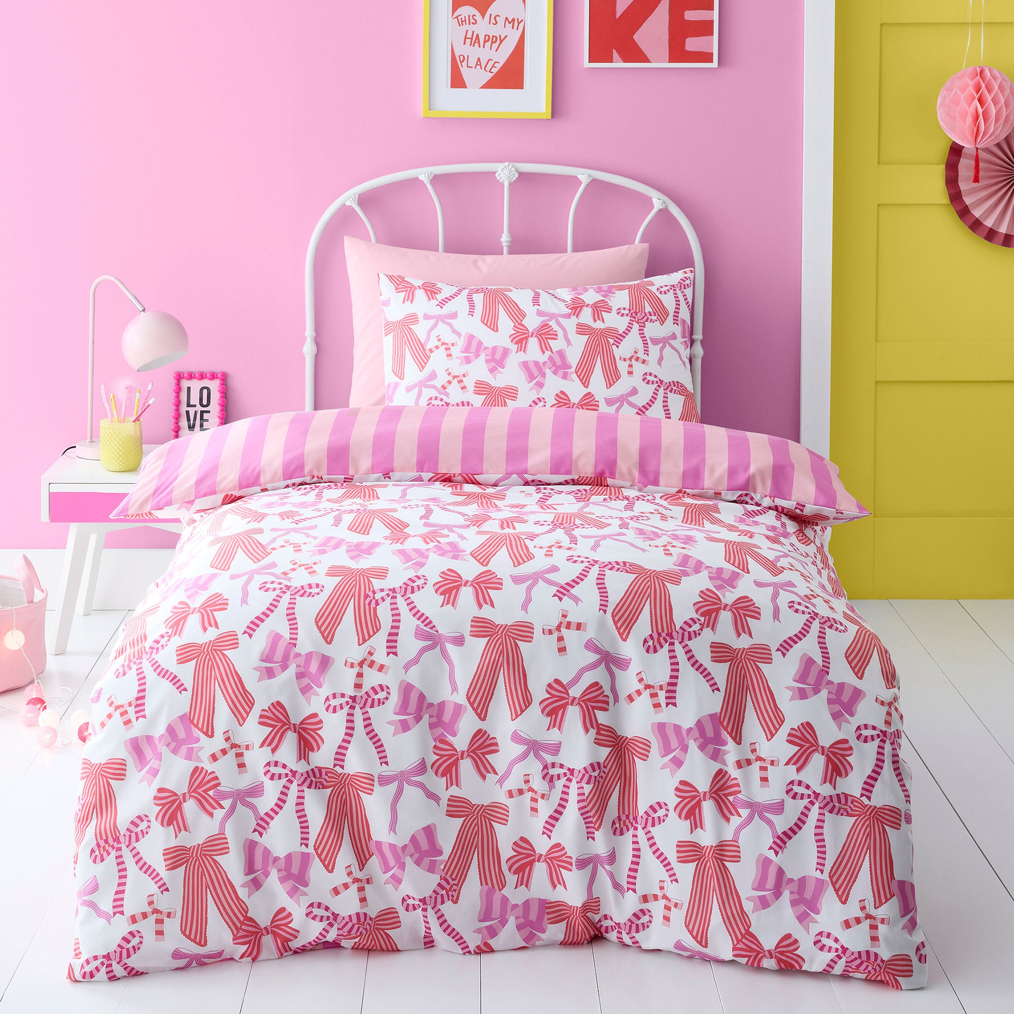 Bow and Stripes Duvet Cover Set in Pink - Duvet Cover Set - Bedlam