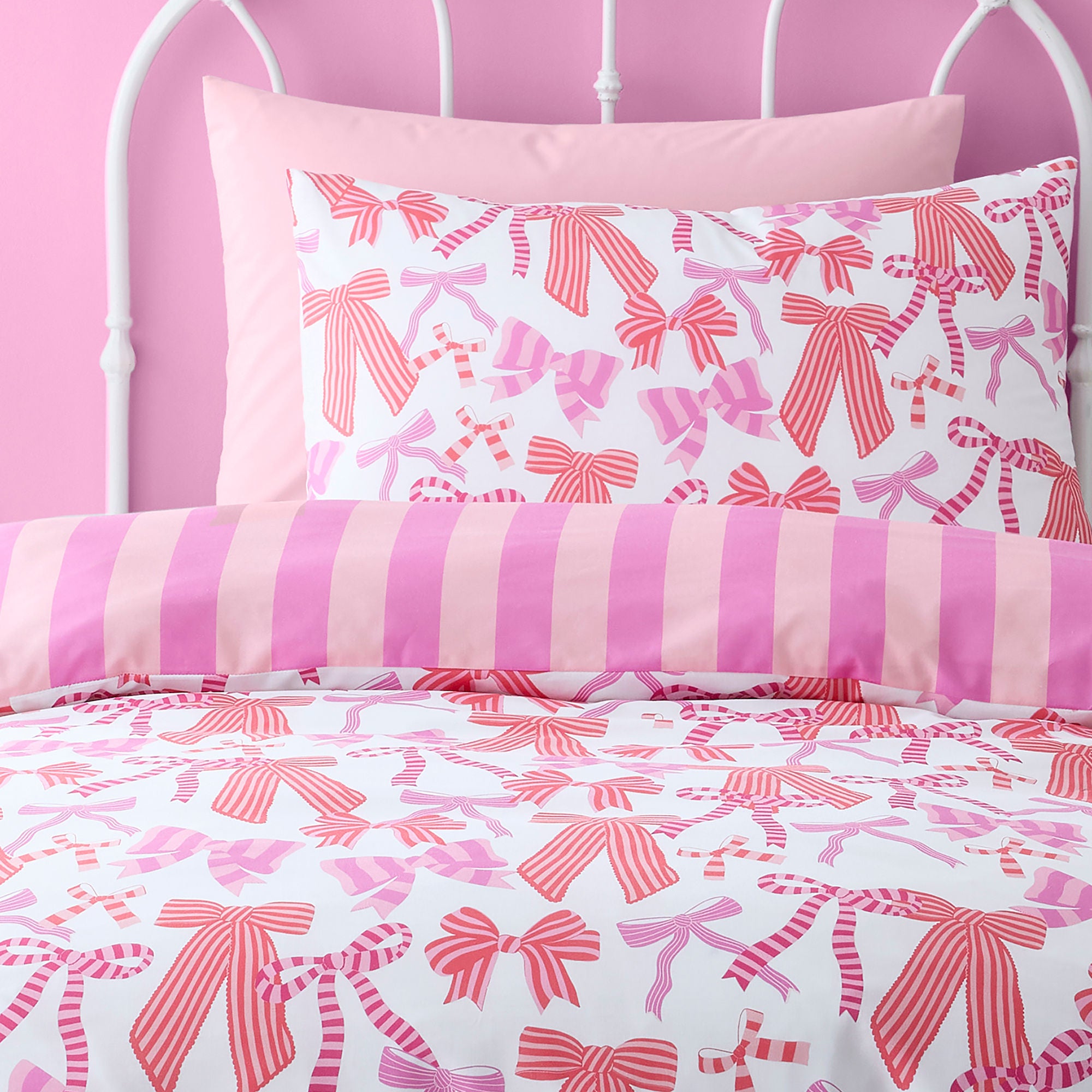 Bow and Stripes Duvet Cover Set in Pink - Duvet Cover Set - Bedlam