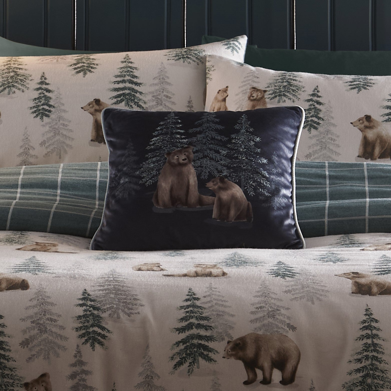 Bear Walks Cushion by Dreams & Drapes Lodge in Teal 43 x 43cm - Cushion - Dreams & Drapes Lodge