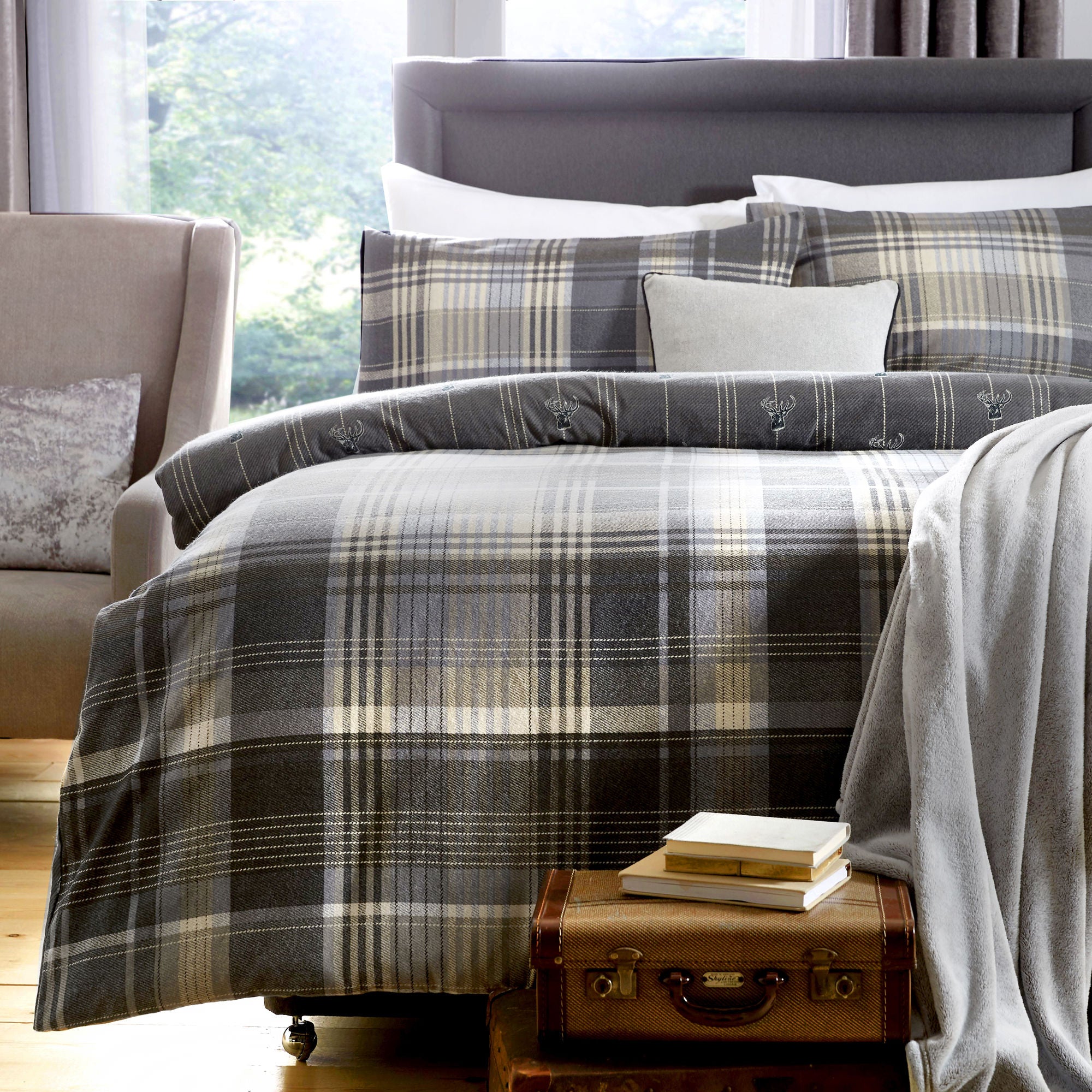 Connolly Check Duvet Cover Set by Dreams & Drapes Lodge in Charcoal - Duvet Cover Set - Dreams & Drapes Lodge