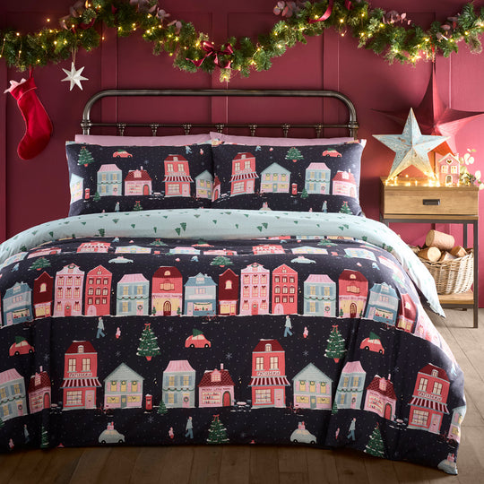 Christmas Houses Duvet Cover Set in Navy