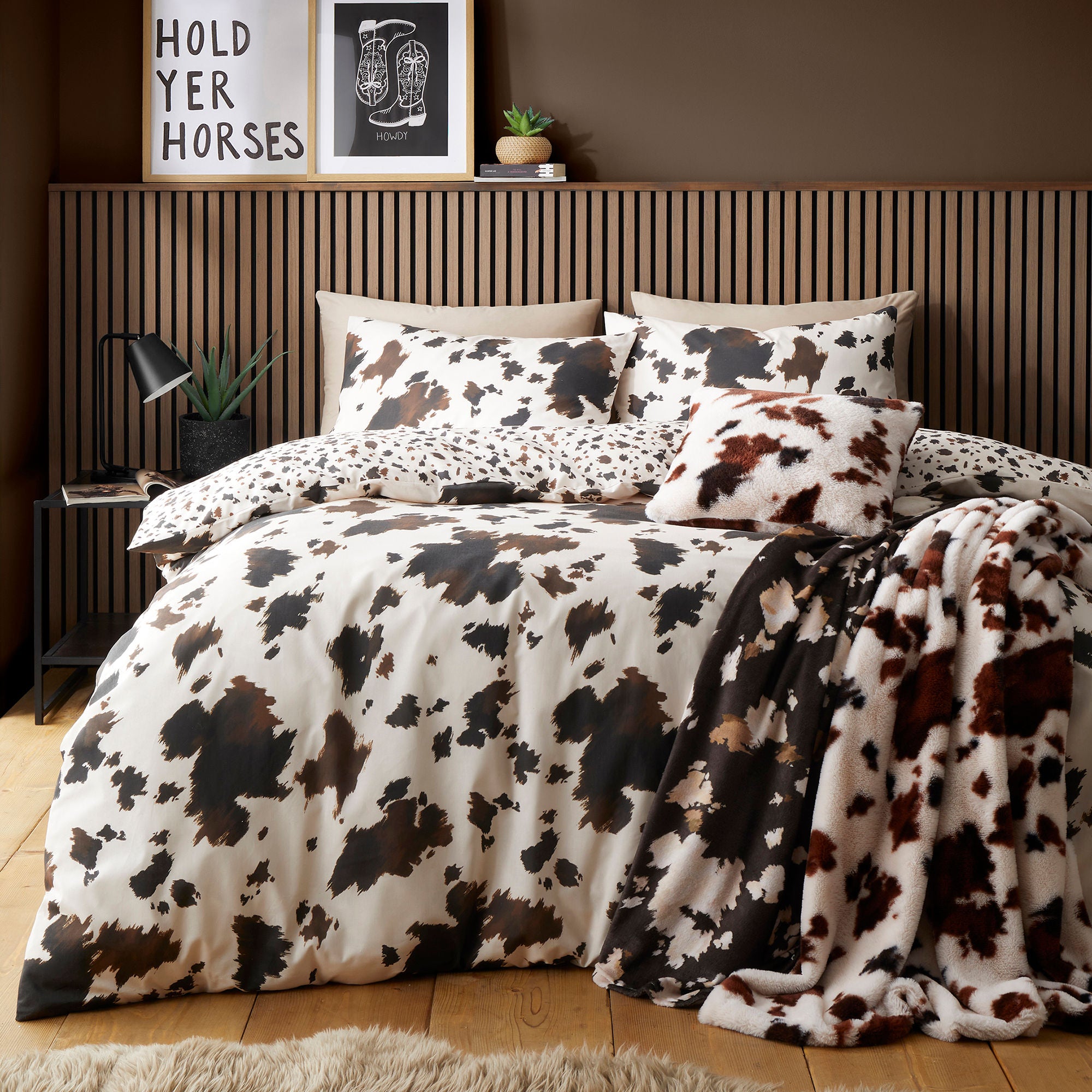 Cow Print Faux Fur Bedspread in Natural 150 x 200cm