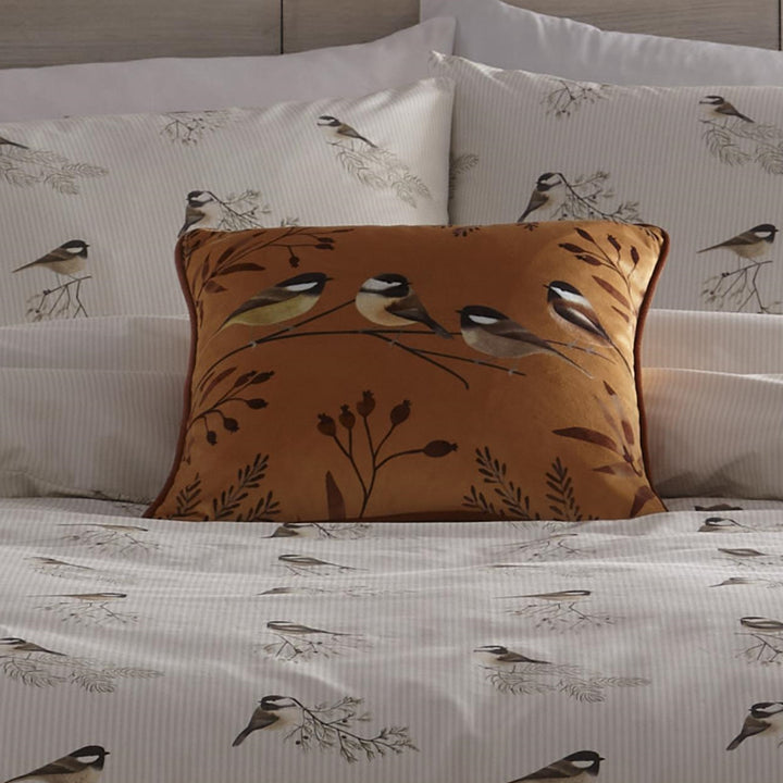 Chickadee's Cushion by Dreams & Drapes Lodge in Gold 43 x 43cm