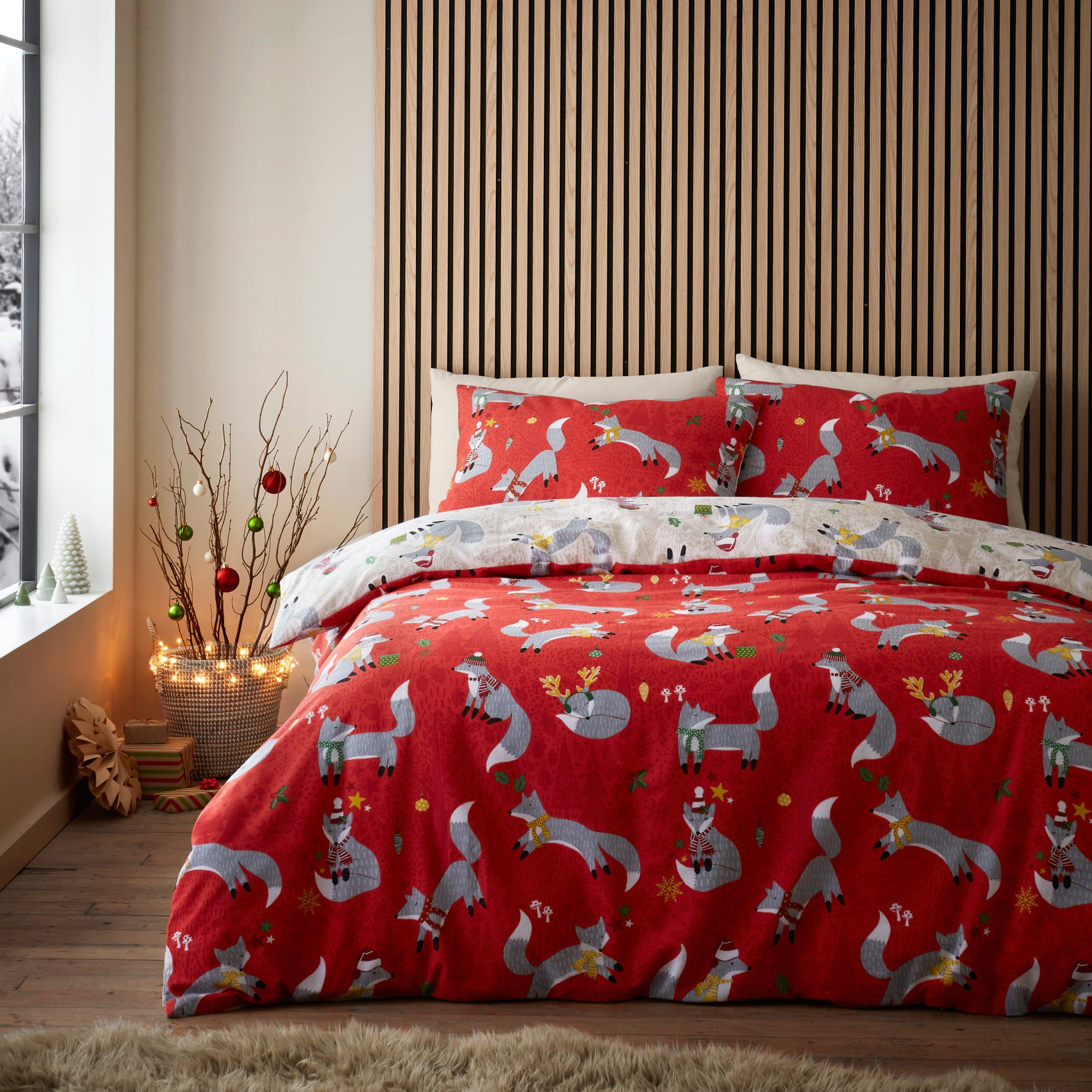 Christmas Foraging Fox Duvet Cover Set by Fusion in Red - Duvet Cover Set - Fusion