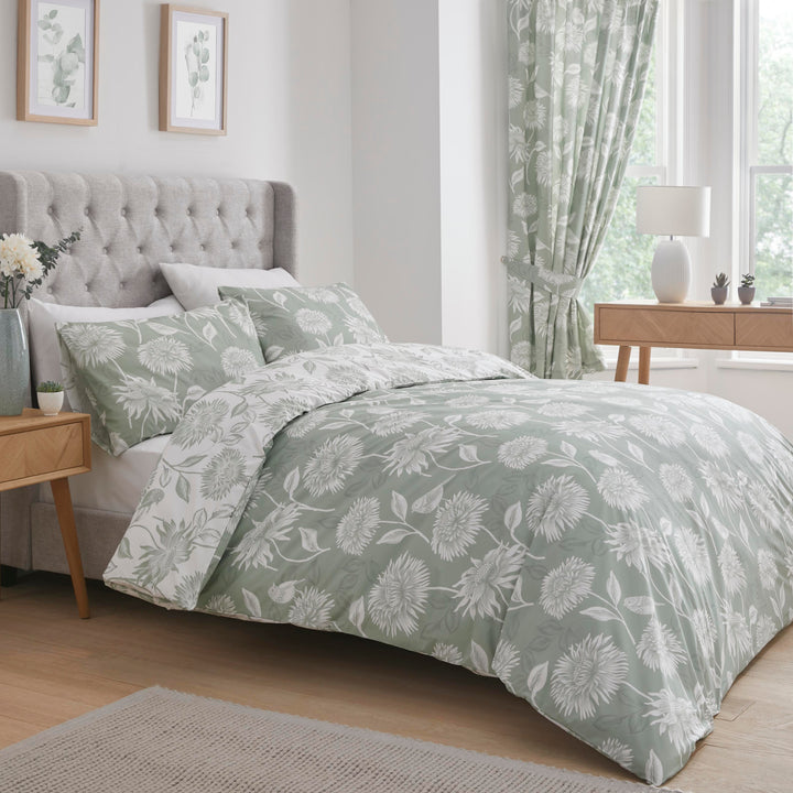 Chrysanthemum Duvet Cover Set by Dreams & Drapes Design in Green - Duvet Cover Set - Dreams & Drapes Design