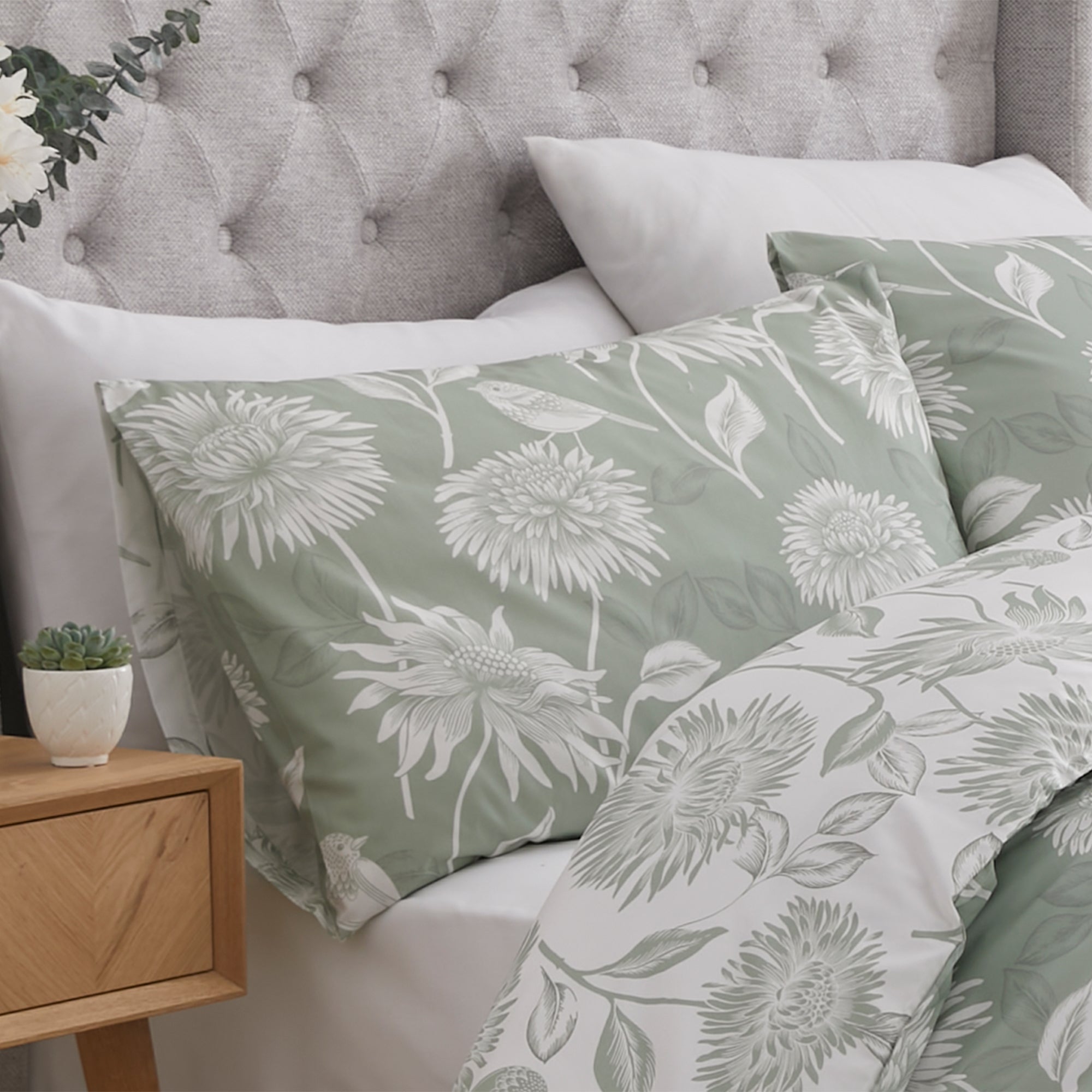 Chrysanthemum Duvet Cover Set by Dreams & Drapes Design in Green - Duvet Cover Set - Dreams & Drapes Design