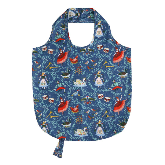 12 Days of Christmas Foldable Tote Bag Medium in Blue