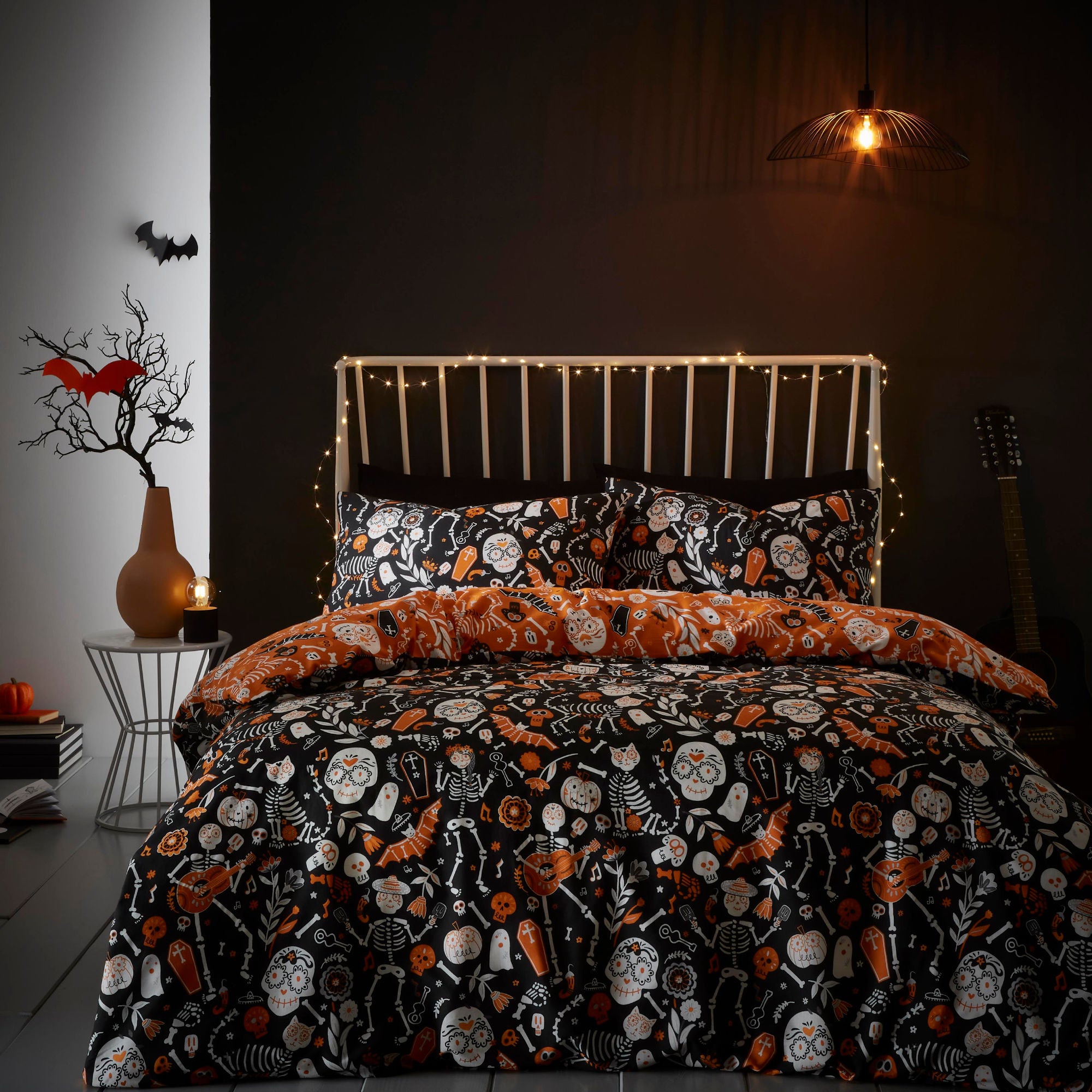 Halloween Day of the Dead Duvet Cover Set by Bedlam in Black/Orange - Duvet Cover Set - Bedlam