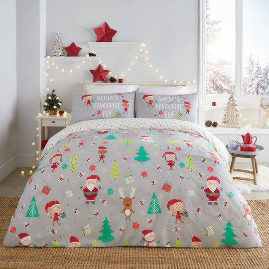 Elf & Santa Christmas Duvet Cover Set in Grey