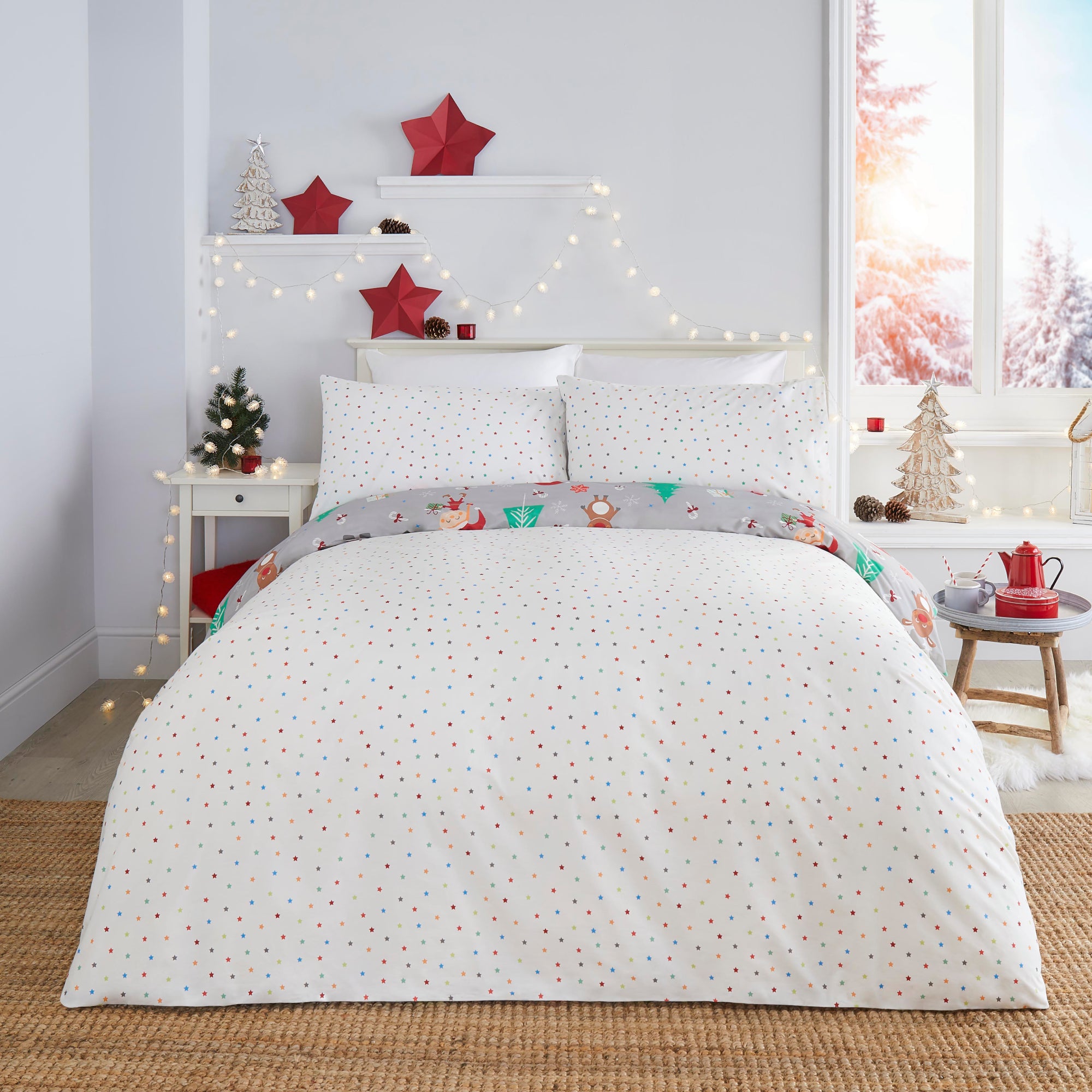 Elf & Santa Duvet Cover Set by Fusion Christmas in Grey - Duvet Cover Set - Fusion Christmas