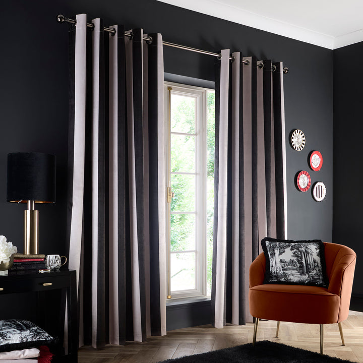 Festivo Stripe Eyelet Curtains in Black - Pair of Eyelet Curtains - Laurence Llewelyn-Bowen