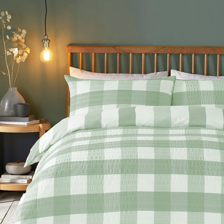 Seersucker Gingham Duvet Cover Set by Fusion in Green - Duvet Cover Set - Fusion