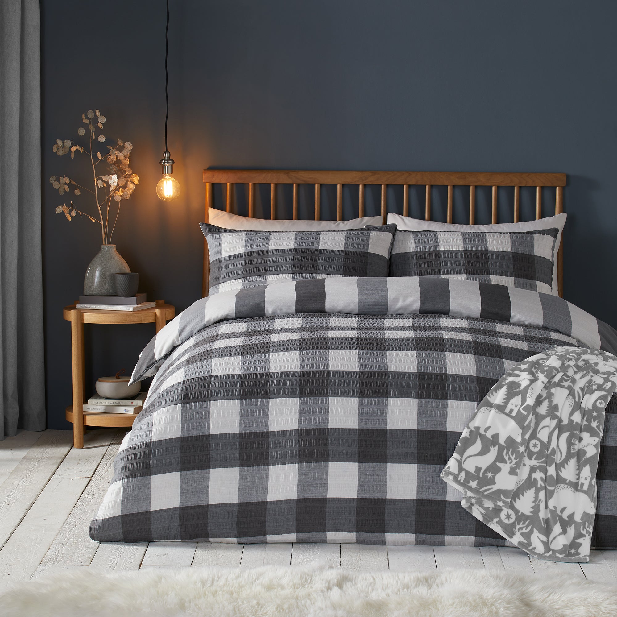 Seersucker Gingham Check Duvet Cover Set by Fusion Snug in Charcoal - Duvet Cover Set - Fusion Snug