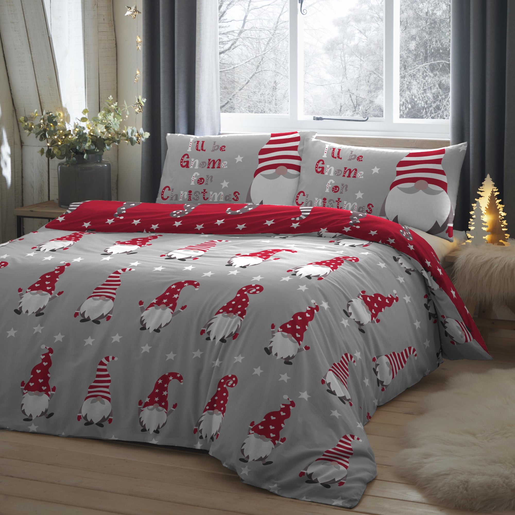 Gnome For Christmas Duvet Cover Set by Fusion Christmas in Silver Single - Duvet Cover Set - Fusion Christmas