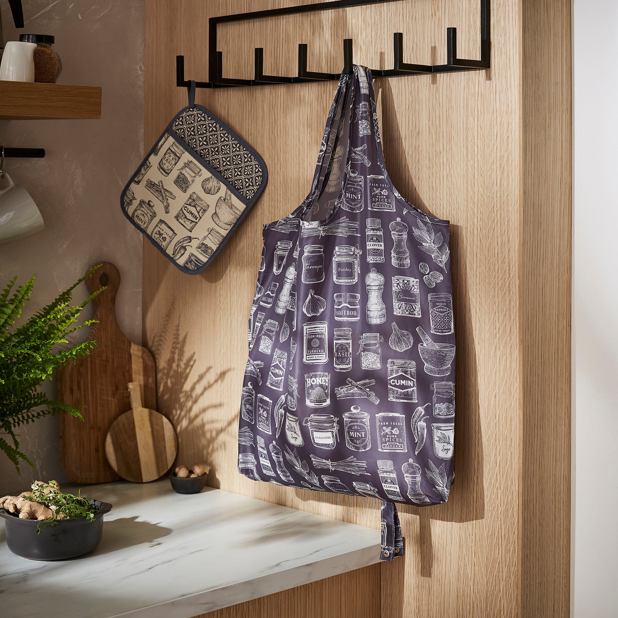 Ulster Weavers Herbs & Spices Foldable Tote Bag Medium in Grey - Roll-Up Bag - Ulster Weavers