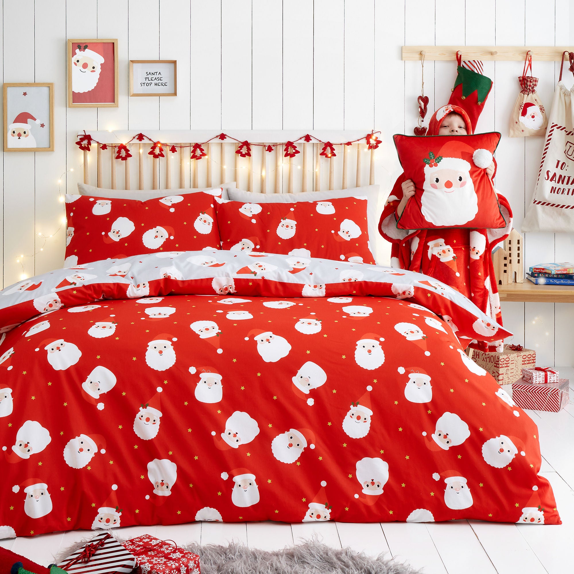 Happy Santa Duvet Cover Set by Fusion in Red - Duvet Cover Set - Fusion