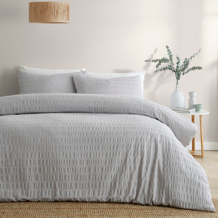 Honley Seersucker Duvet Cover Set by Serene in Silver - Duvet Cover Set - Serene