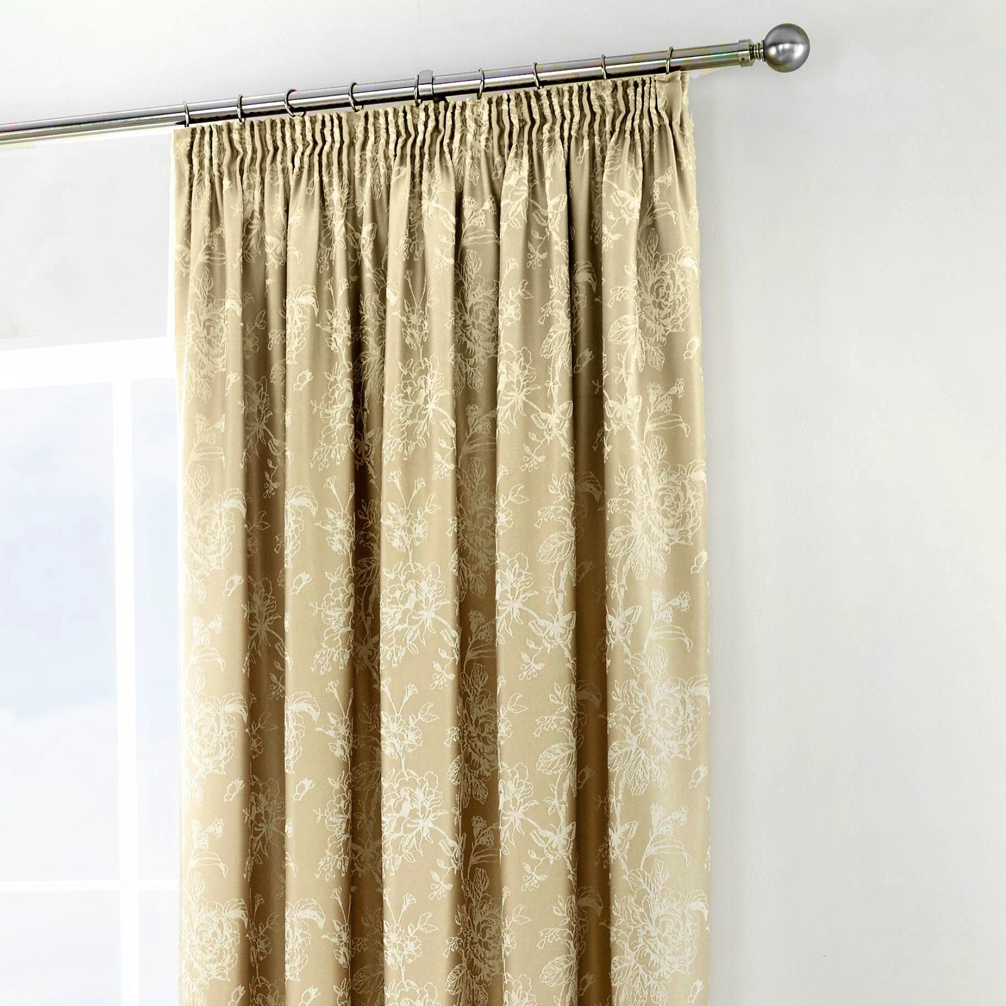 Jasmine Pair of Pencil Pleat Curtains With Tie-Backs by Dreams & Drapes Woven in Champagne - Pair of Pencil Pleat Curtains With Tie-Backs - Dreams & Drapes Woven
