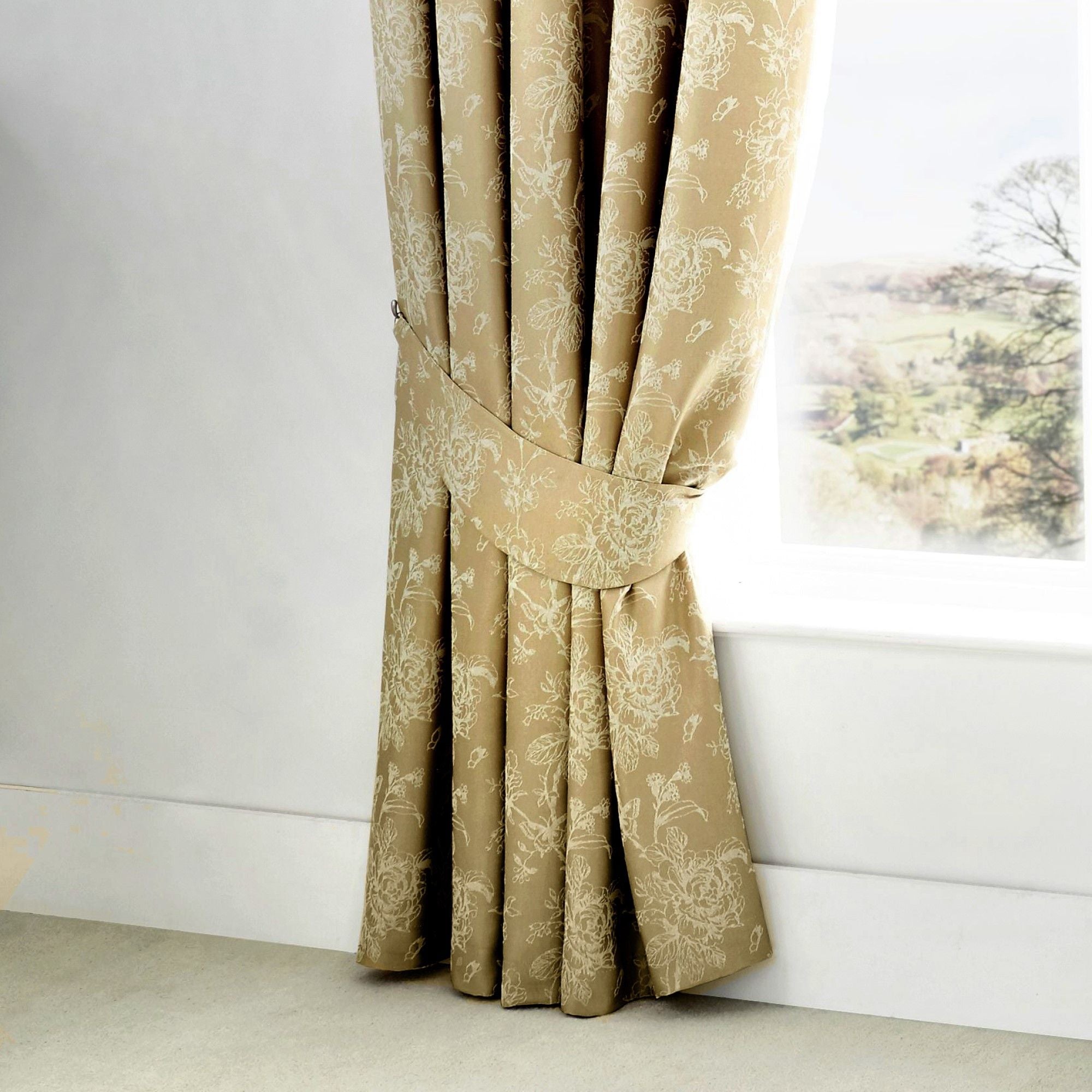 Jasmine Pair of Pencil Pleat Curtains With Tie-Backs by Dreams & Drapes Woven in Champagne - Pair of Pencil Pleat Curtains With Tie-Backs - Dreams & Drapes Woven