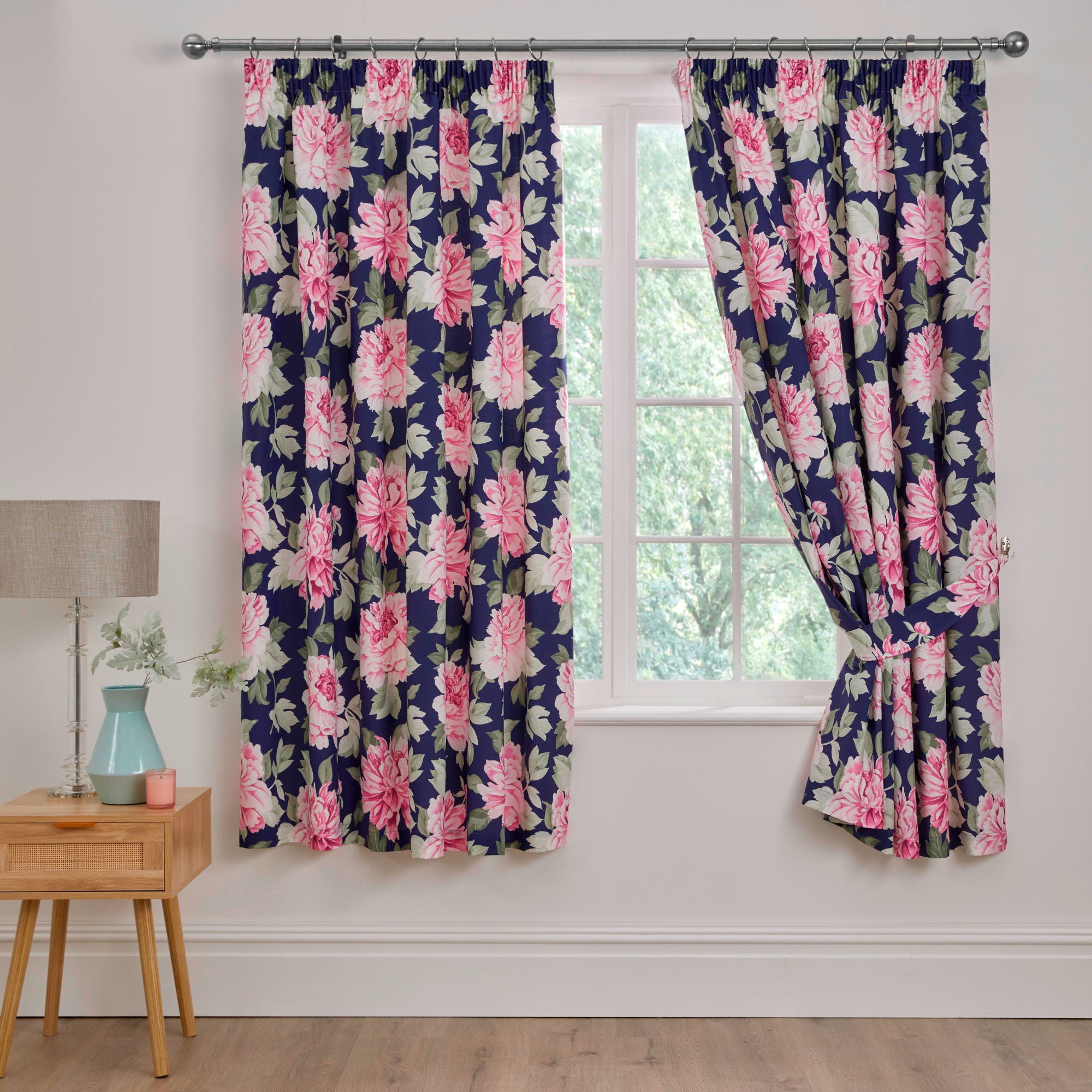 Kirsten Pair of Pencil Pleat Curtains With Tie-Backs by Dreams & Drapes Design in Pink/Blue - Pair of Pencil Pleat Curtains With Tie-Backs - Dreams & Drapes Design
