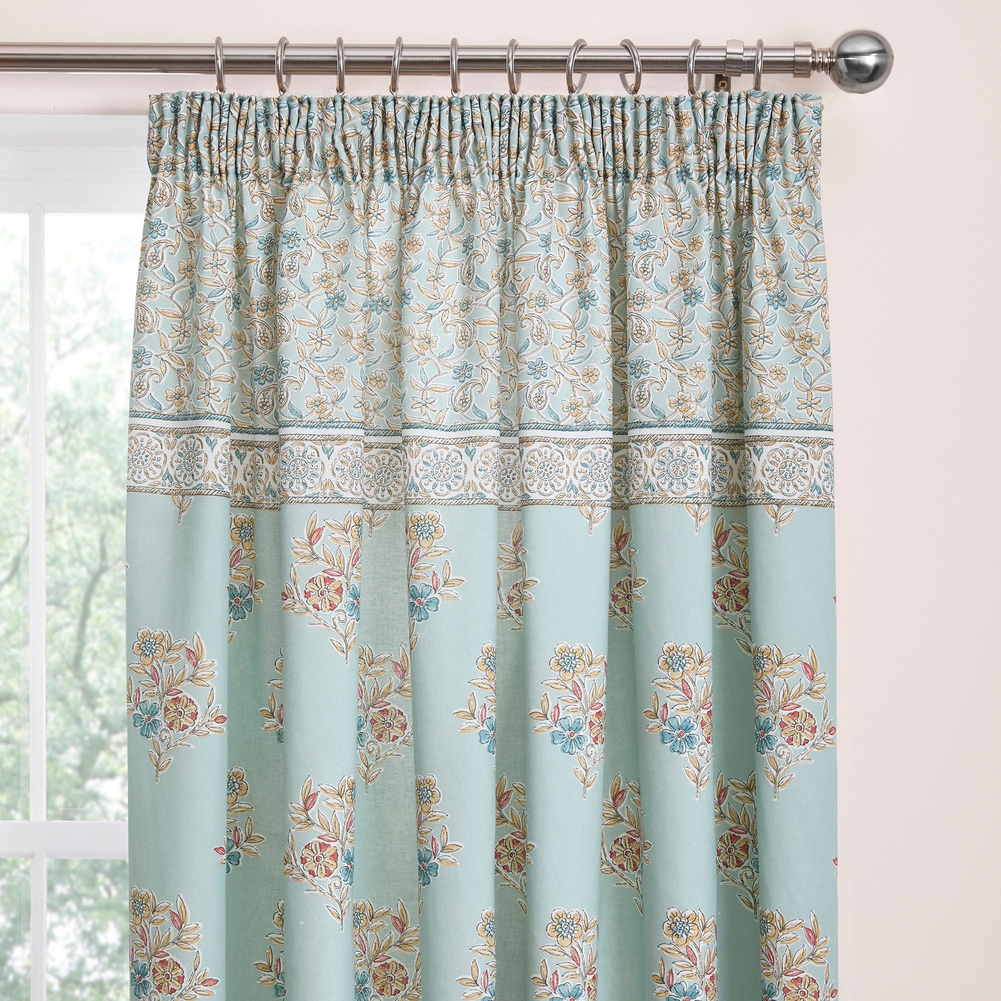 Lorena Patchwork Pair of Pencil Pleat Curtains With Tie-Backs by Dreams & Drapes Design in Duck Egg - Pair of Pencil Pleat Curtains With Tie-Backs - Dreams & Drapes Design