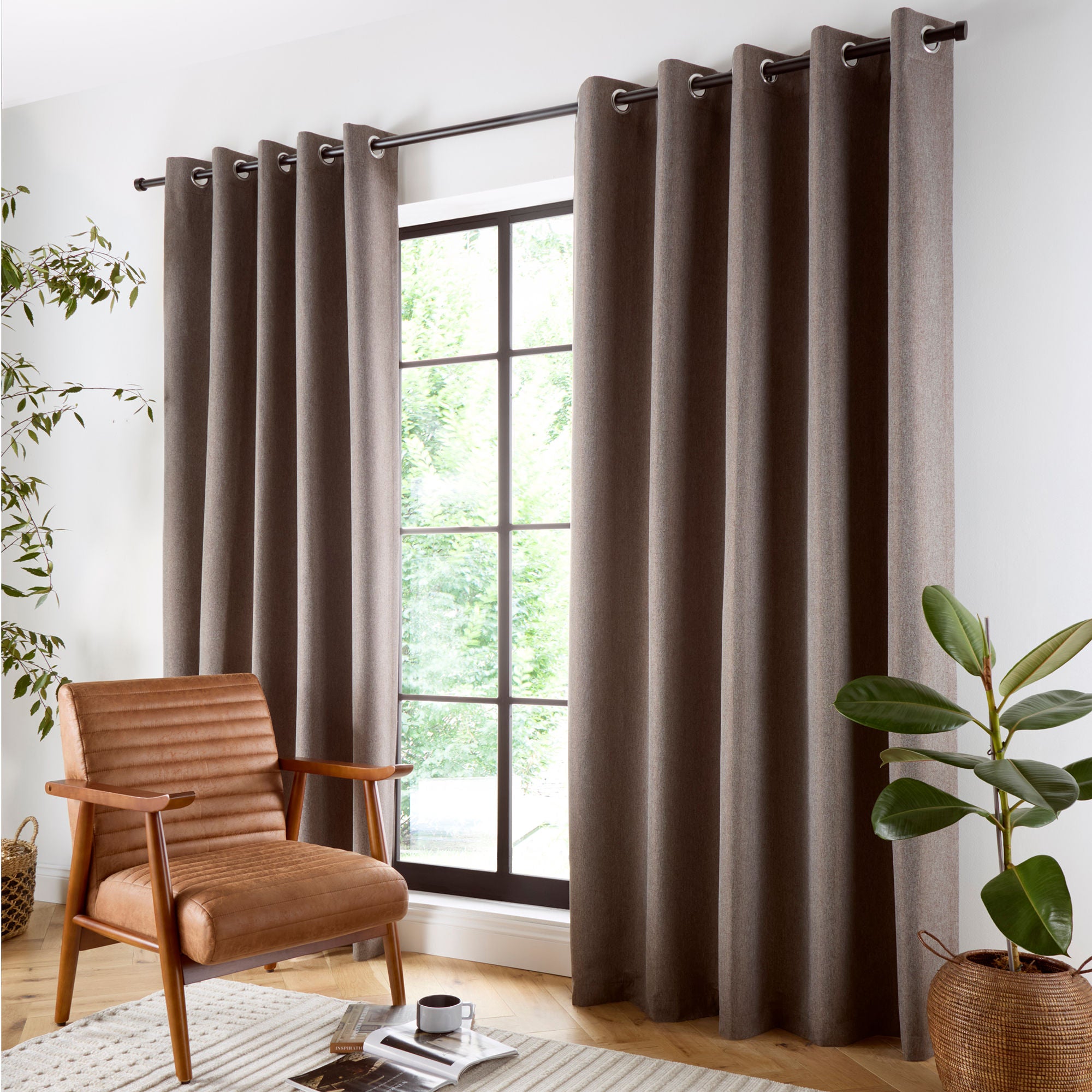 Plain Twill Pair of Eyelet Curtains in Chocolate - Pair of Eyelet Curtains - Curtina