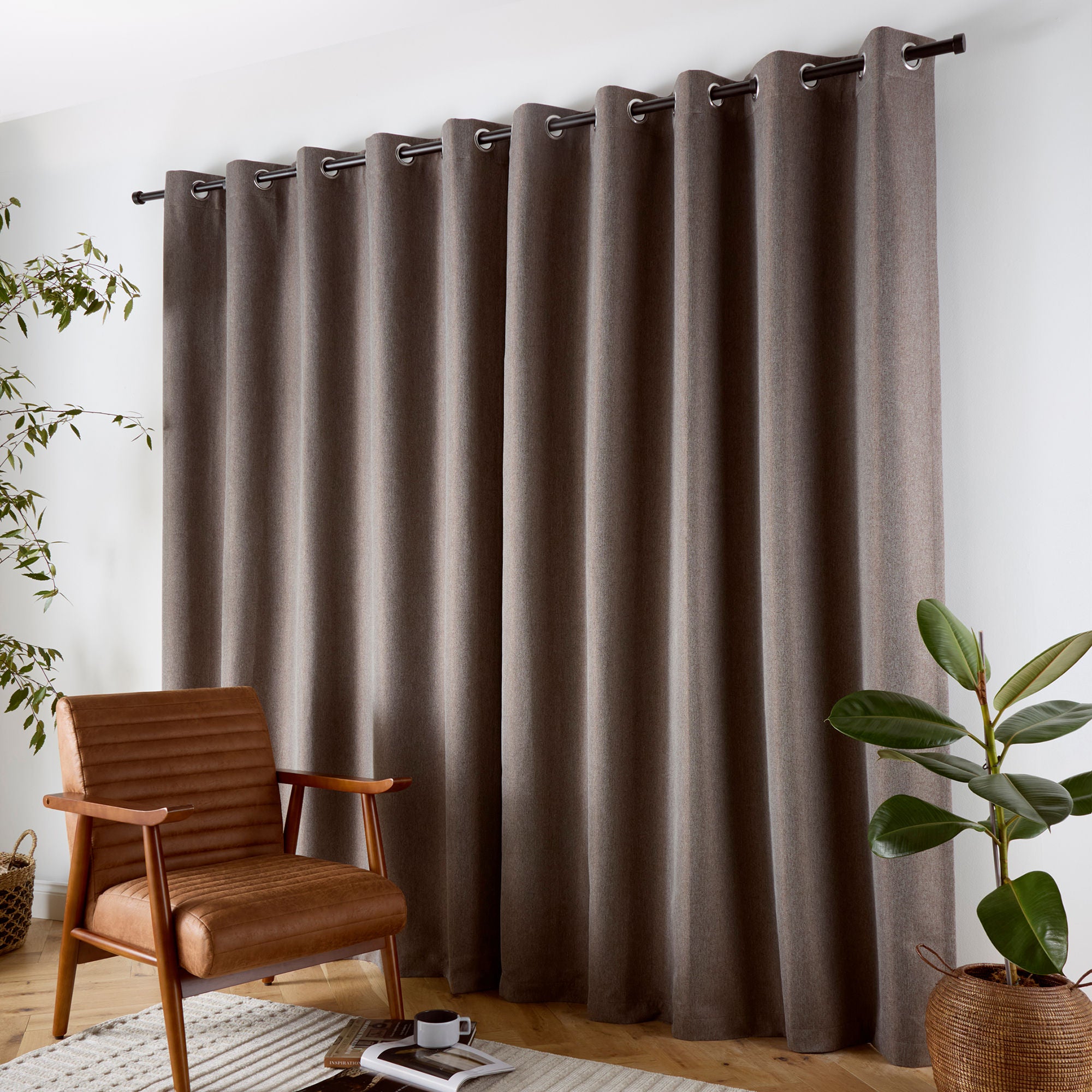 Plain Twill Pair of Eyelet Curtains in Chocolate - Pair of Eyelet Curtains - Curtina