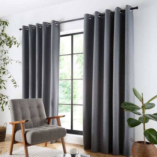 Plain Twill Pair of Eyelet Curtains in Charcoal