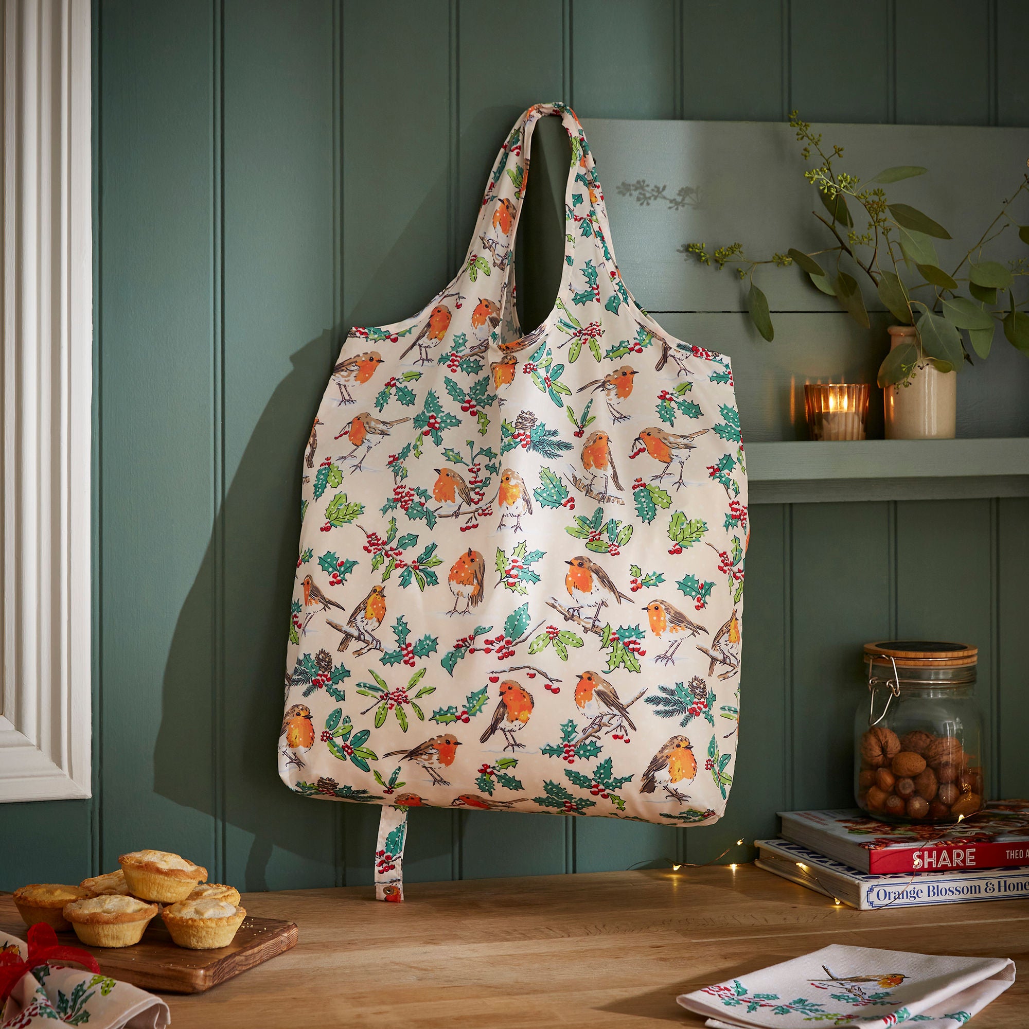 Christmas Robins Foldable Tote Bag Medium in Green - Bag - Ulster Weavers