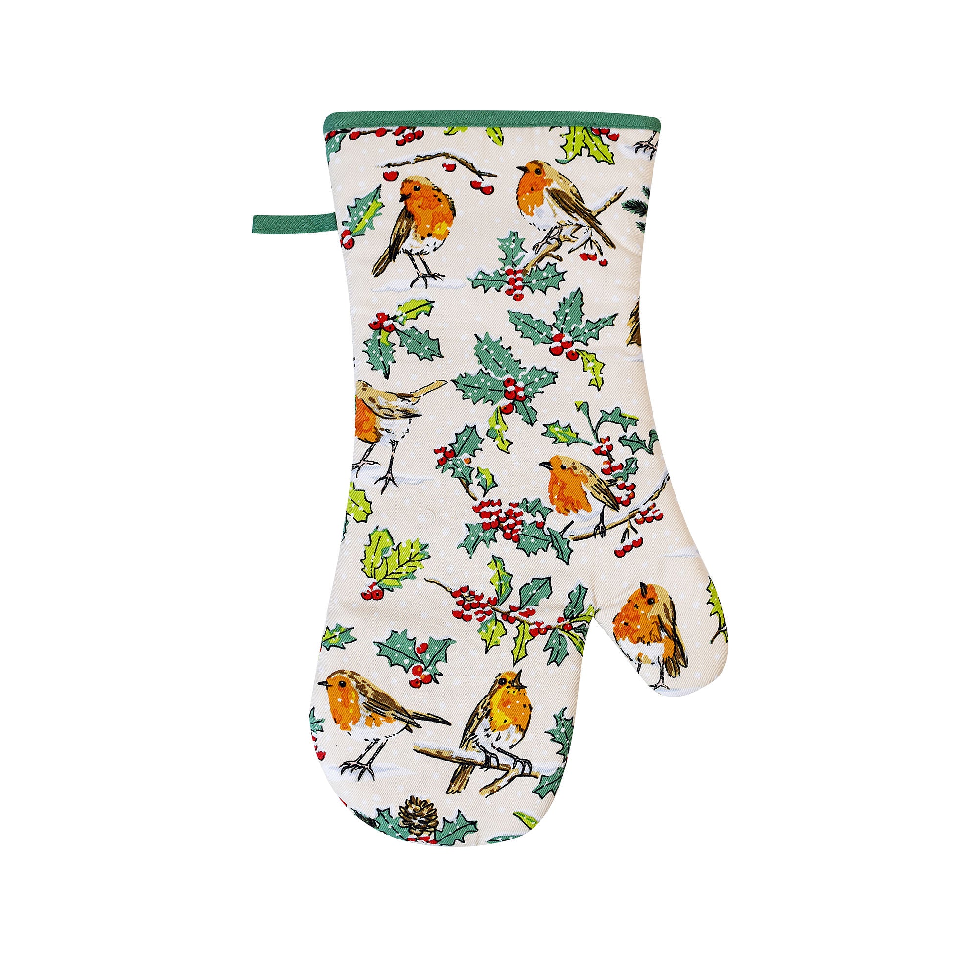 Christmas Robins Gauntlet Oven Glove in Green - Gauntlet Oven Glove - Ulster Weavers