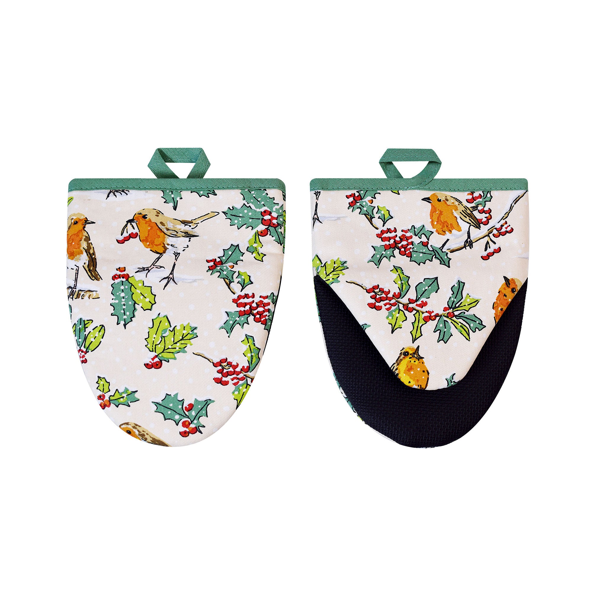 Christmas Robins Microwave Mitts Pair in Green - Micro Mitts - Ulster Weavers