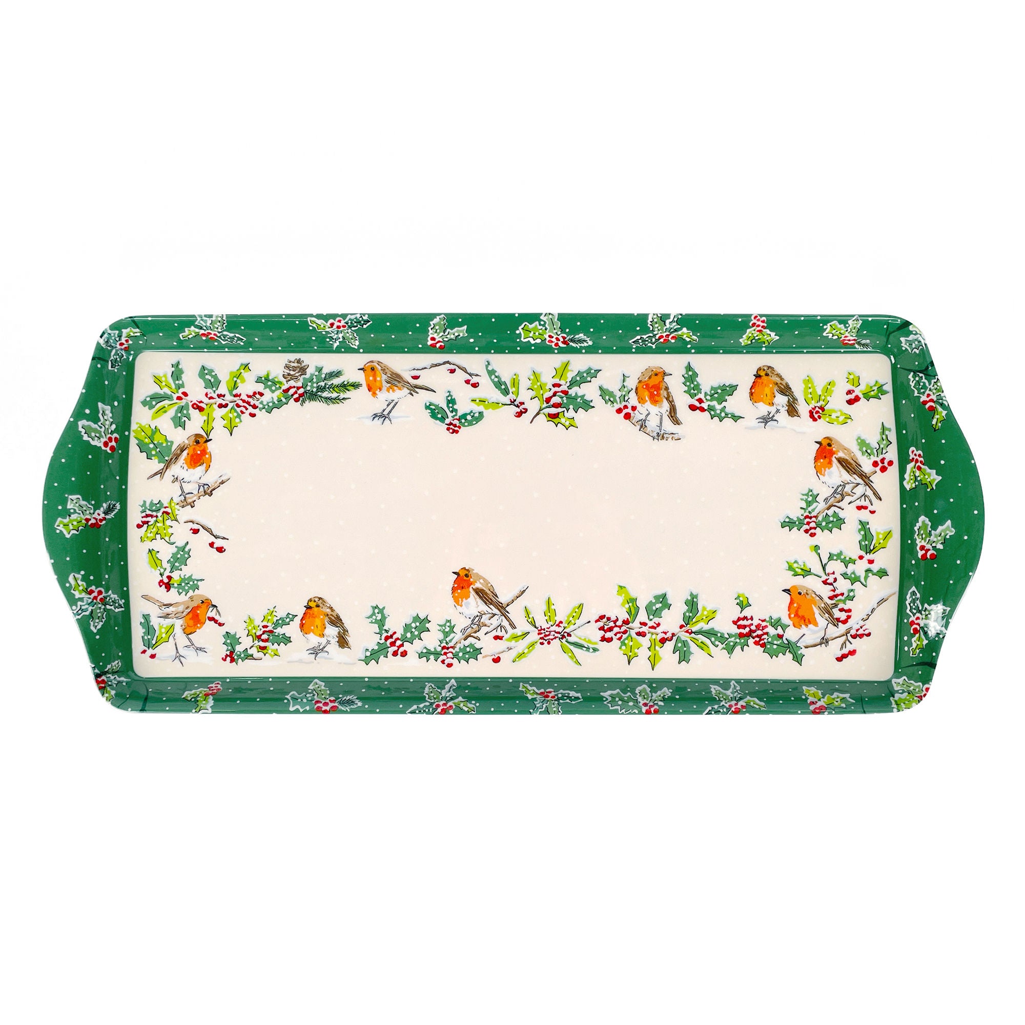 Christmas Robins Small Serving Tray in Green - Tray - Ulster Weavers