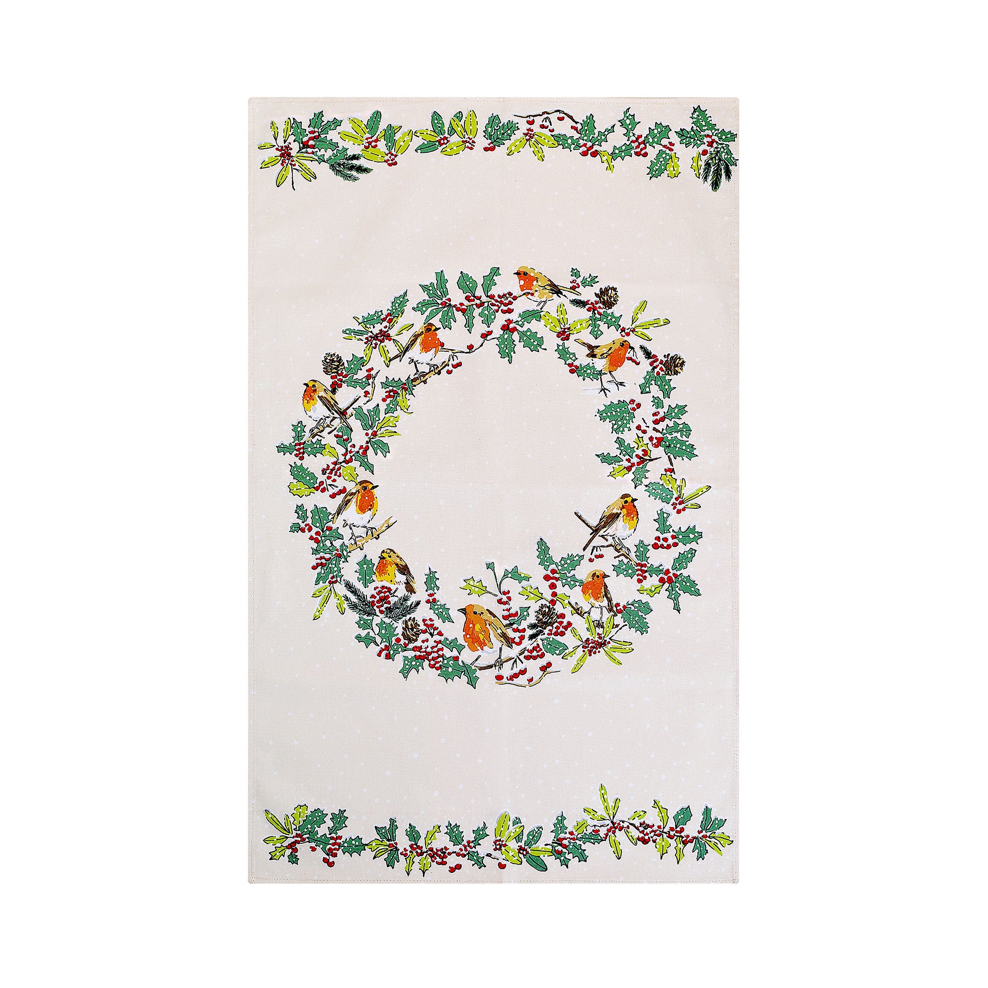Christmas Robins Cotton Tea Towel in Green - Tea Towel - Ulster Weavers