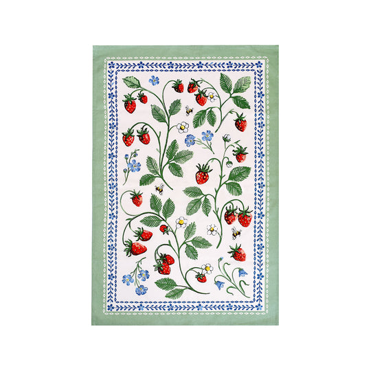 Strawberry Patch Cotton Tea Towel in Green