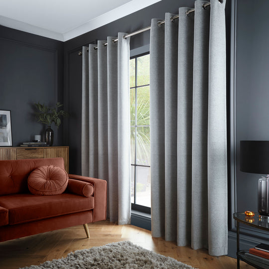 Velvet Chenille Dimout Pair of Eyelet Curtains in Grey