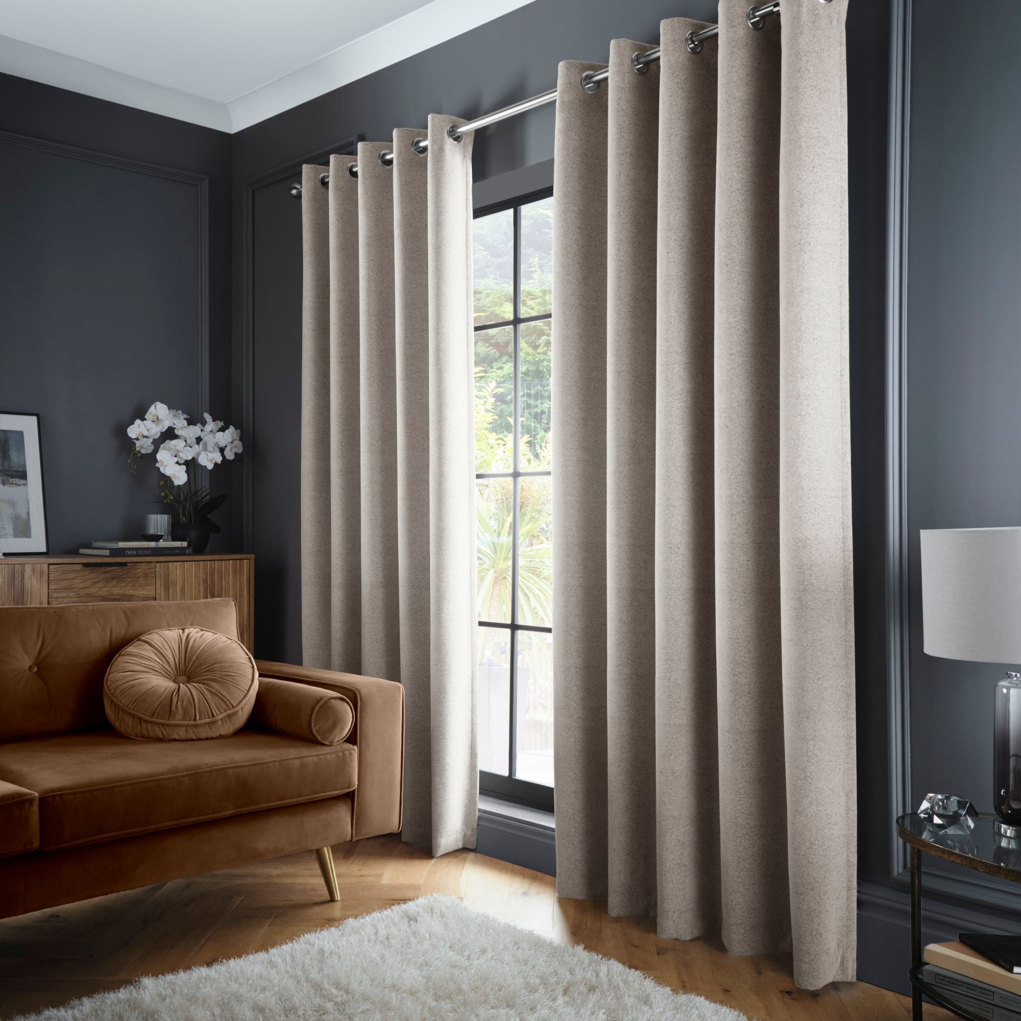 Velvet Chenille Dimout Pair of Eyelet Curtains in Natural