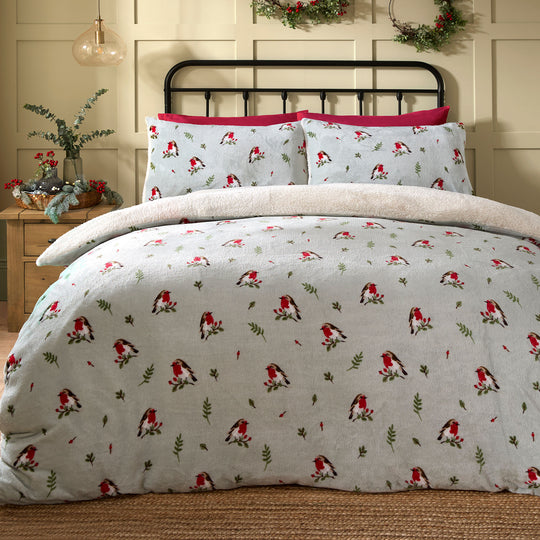 Winter Robin Christmas Duvet Cover Set in Duck Egg