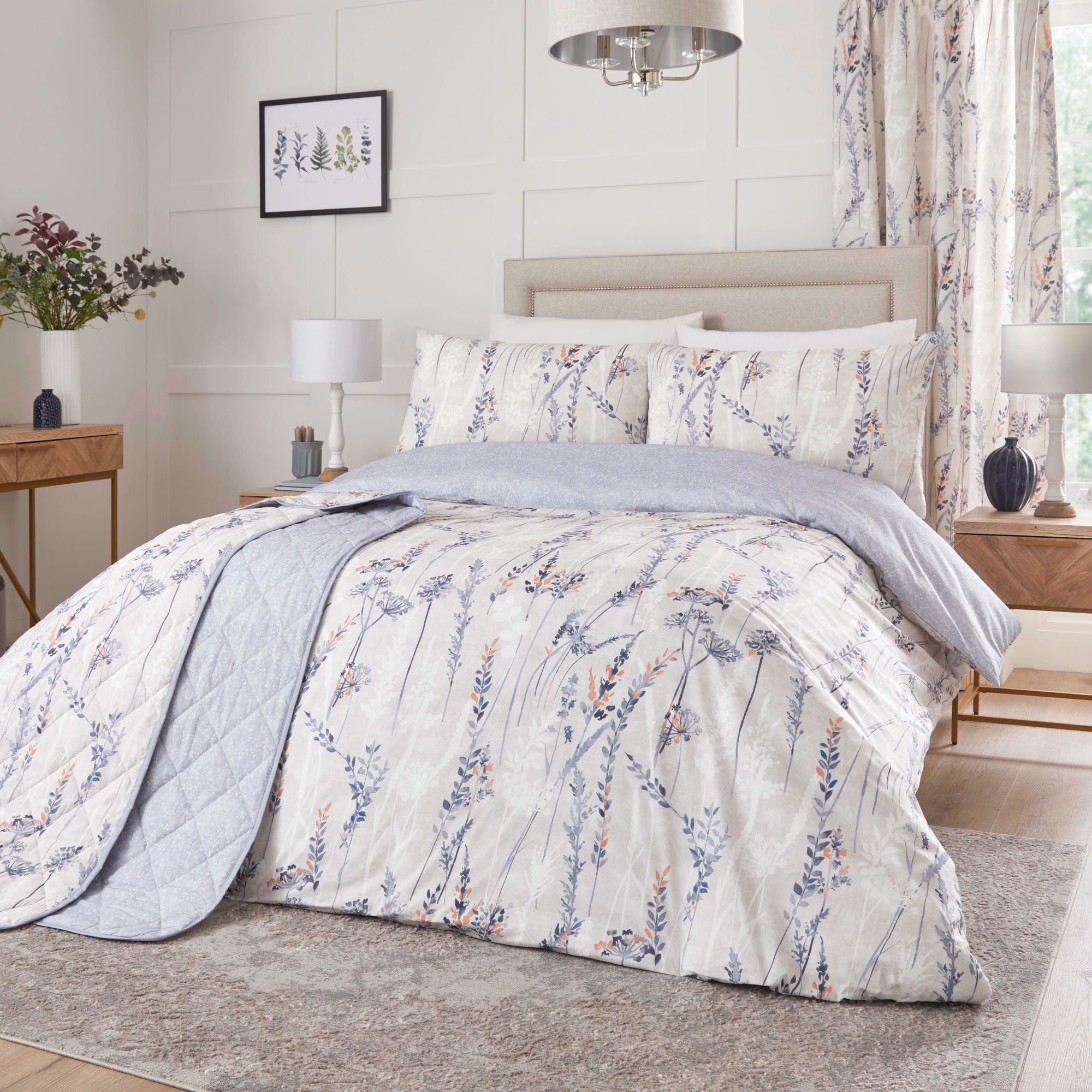 Wild Stems Pair of Pencil Pleat Curtains With Tie-Backs by Dreams & Drapes Design in Blue - Pair of Pencil Pleat Curtains With Tie-Backs - Dreams & Drapes Design