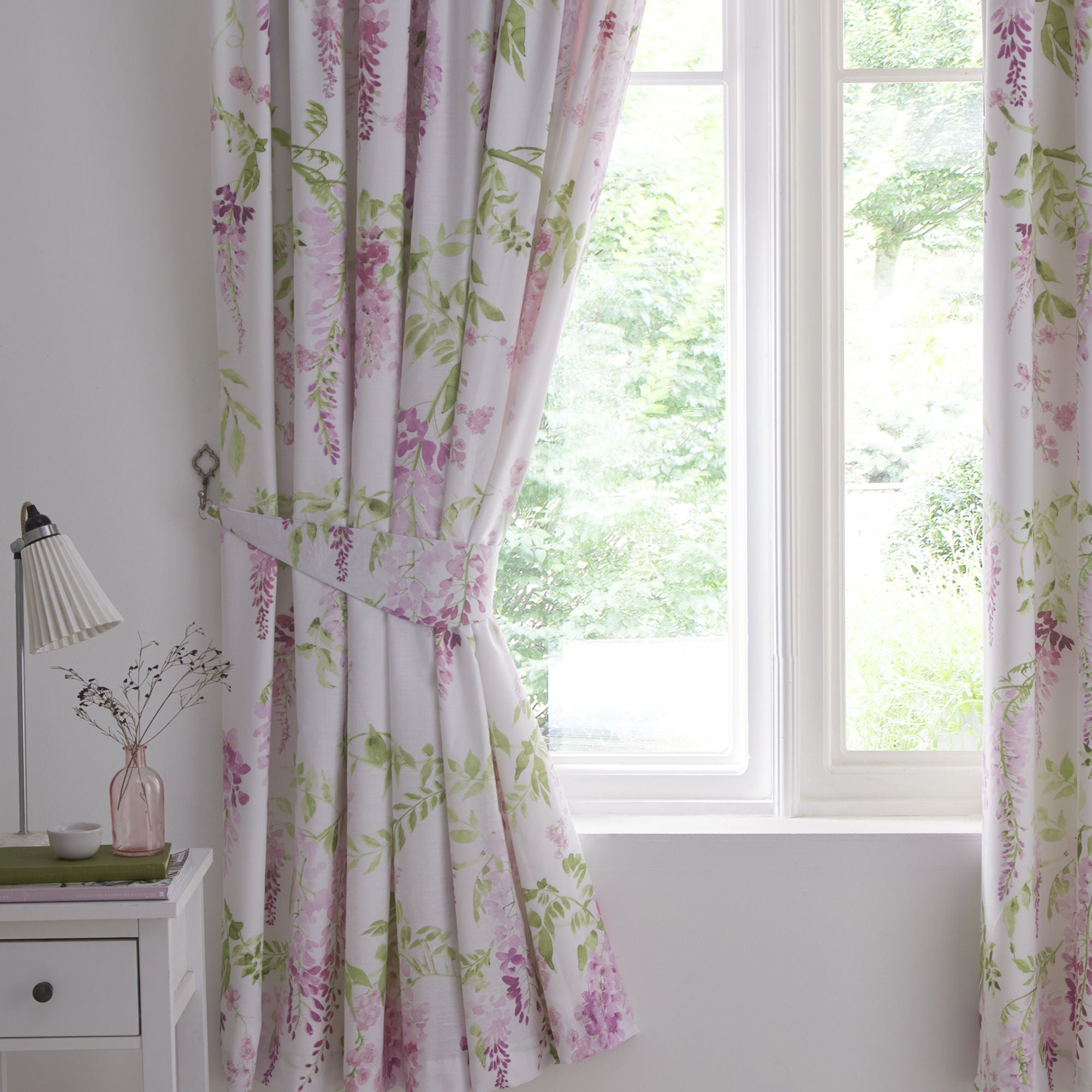 Wisteria Pair of Pencil Pleat Curtains With Tie-Backs by Dreams & Drapes Design in Pink - Pair of Pencil Pleat Curtains With Tie-Backs - Dreams & Drapes Design