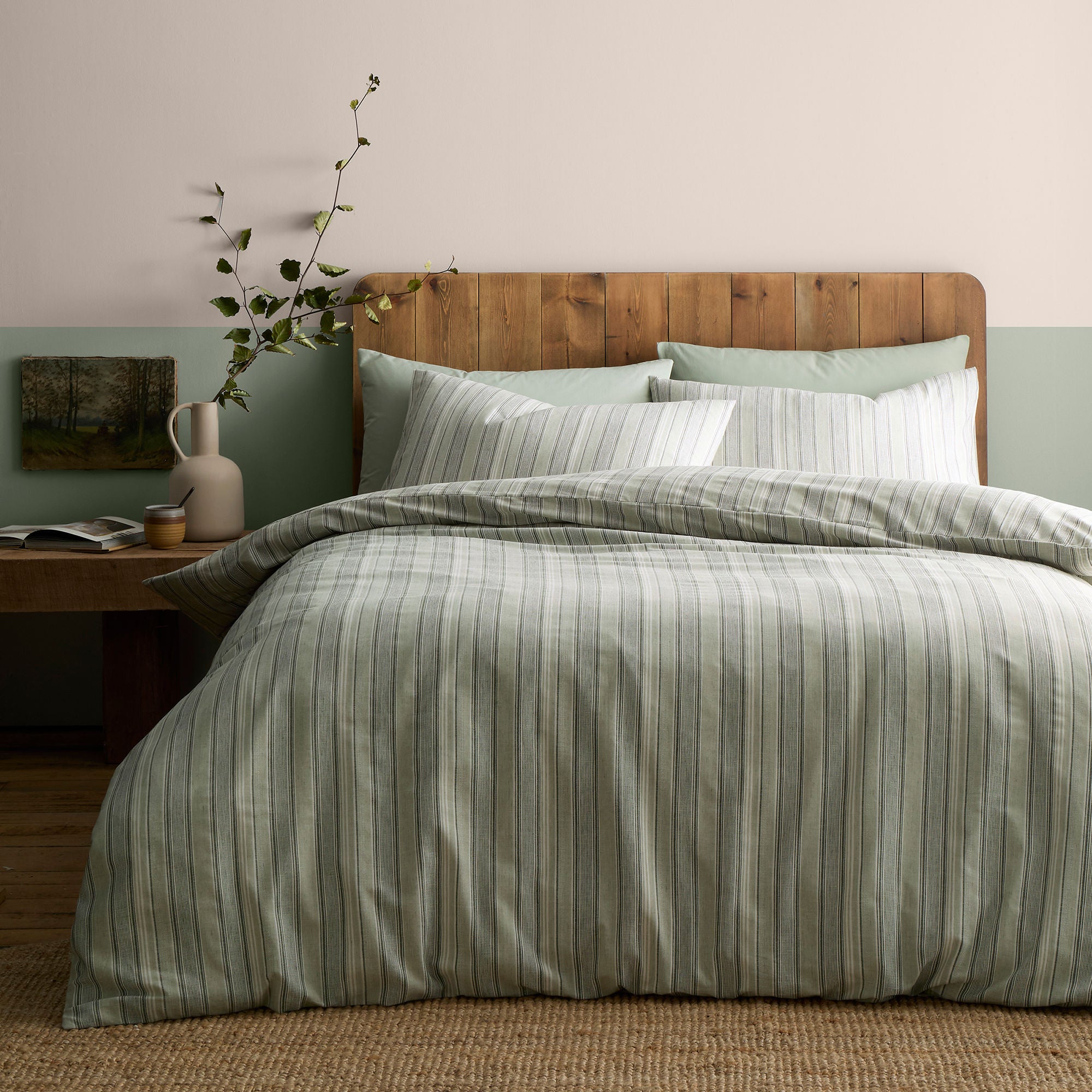 Yarn Dyed Woven Wide Stripe Duvet Cover Set in Green - Duvet Cover Set - Appletree