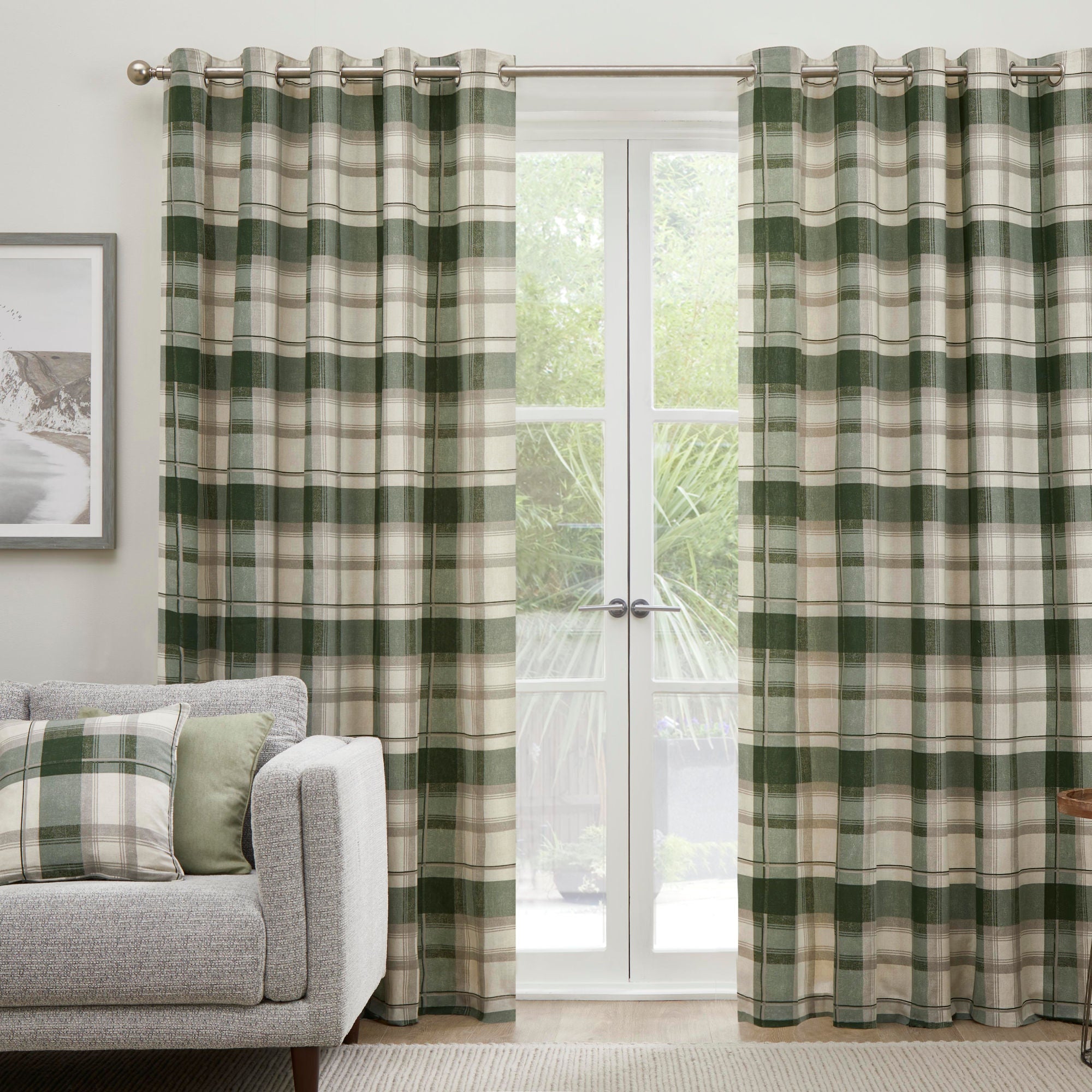 Balmoral Check Pair of Eyelet Curtains by Fusion in Bottle Green - Pair of Eyelet Curtains - Fusion