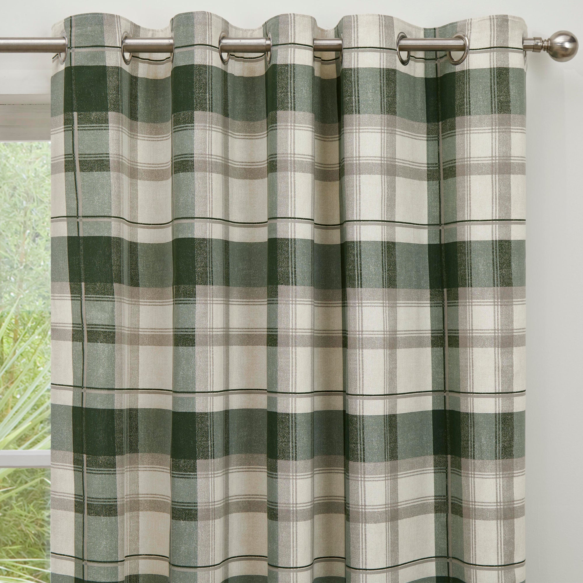 Balmoral Check Pair of Eyelet Curtains by Fusion in Bottle Green - Pair of Eyelet Curtains - Fusion