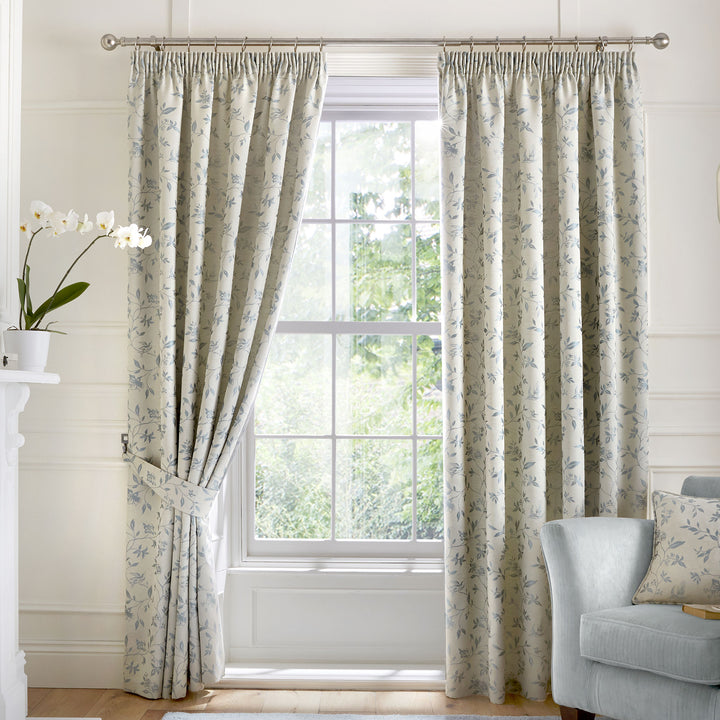 Bird Trail Pair of Pencil Pleat Curtains by Curtina in Duck Egg - Pair of Pencil Pleat Curtains - Curtina