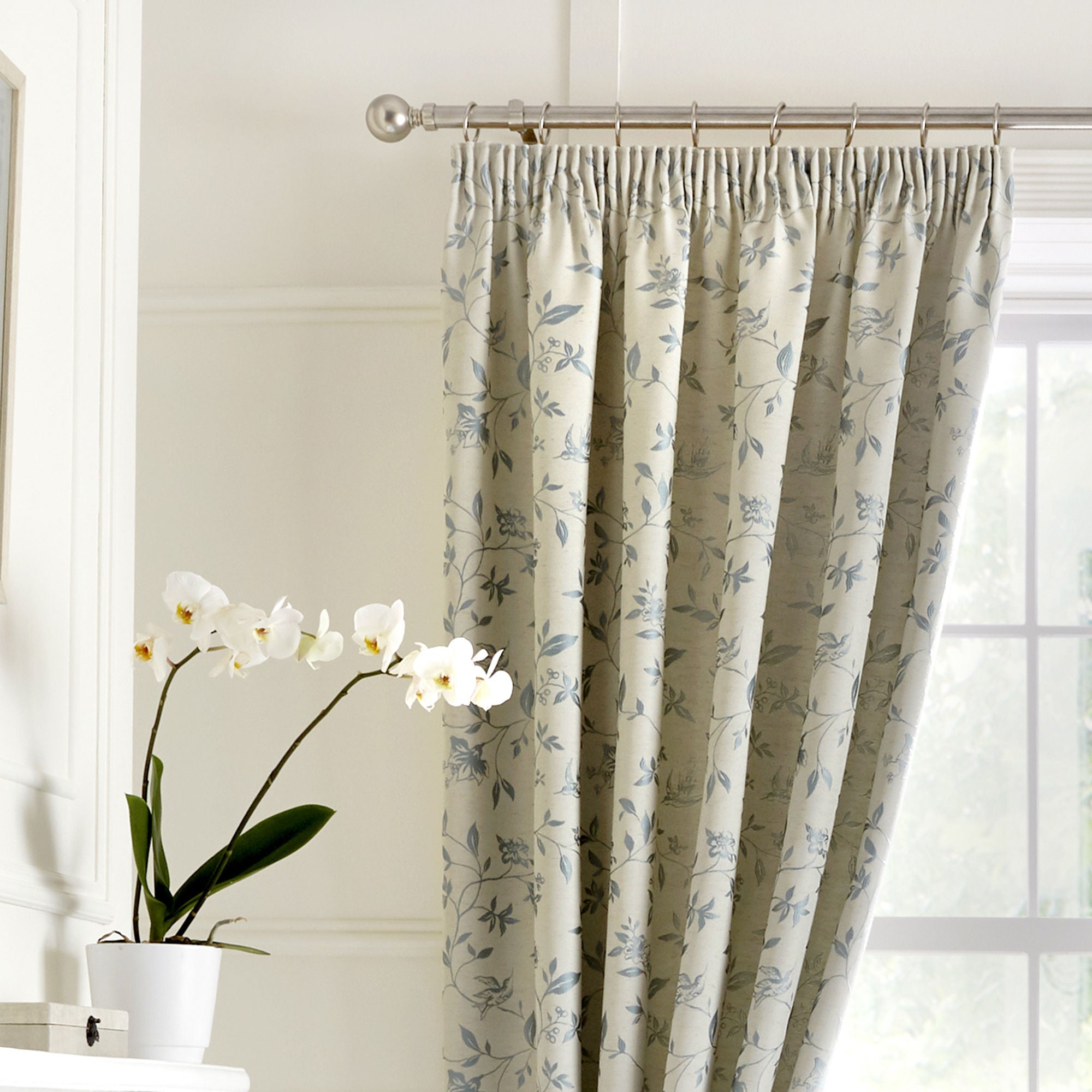 Bird Trail Pair of Pencil Pleat Curtains by Curtina in Duck Egg - Pair of Pencil Pleat Curtains - Curtina