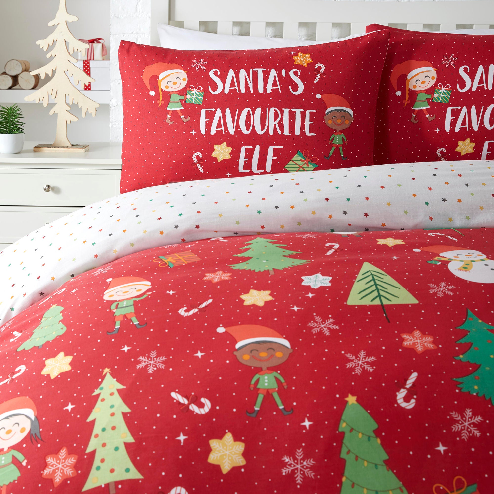 Elf & Santa Duvet Cover Set by Bedlam Christmas in Multi - Duvet Cover Set - Bedlam Christmas