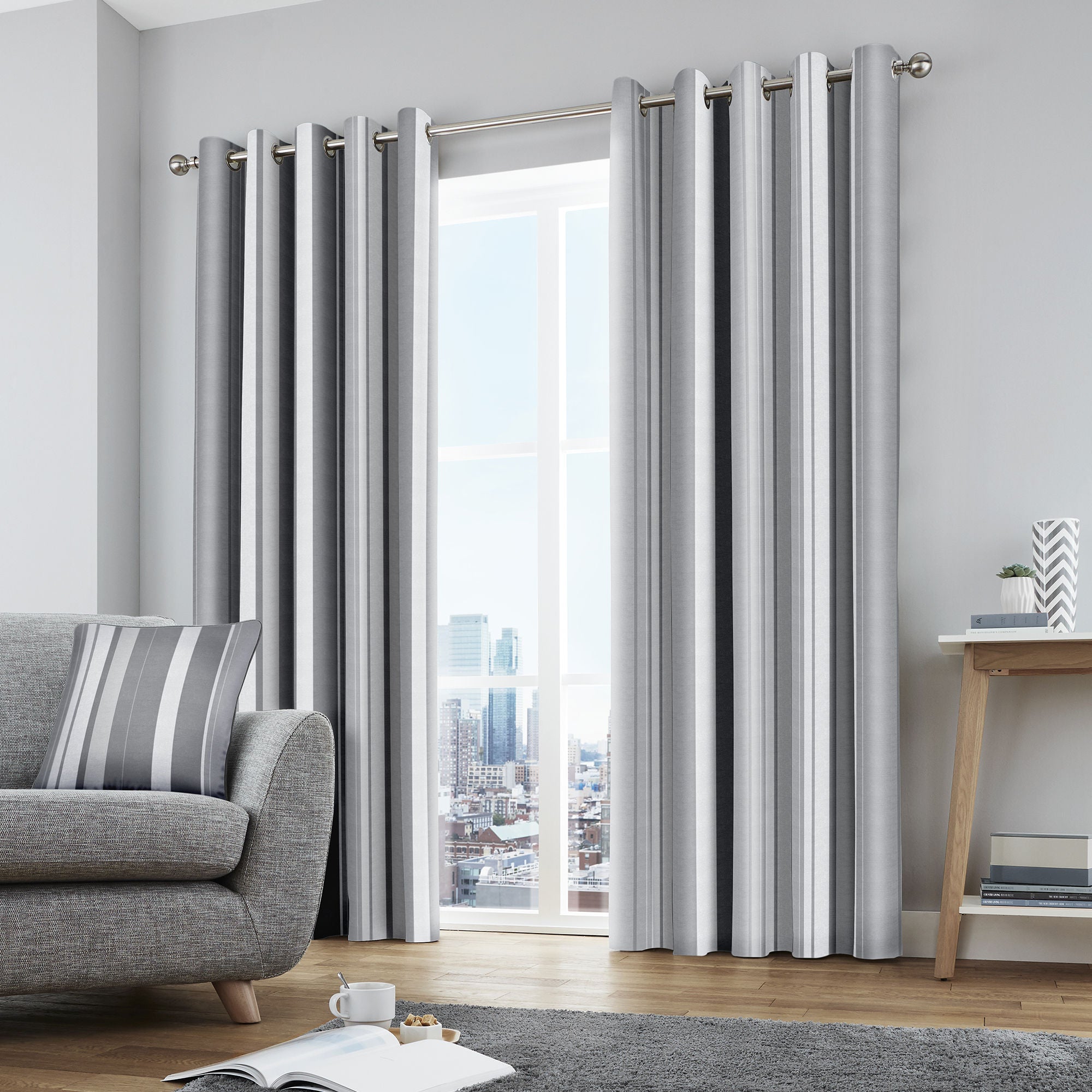 Whitworth Stripe Pair of Eyelet Curtains by Fusion in Grey - Pair of Eyelet Curtains - Fusion